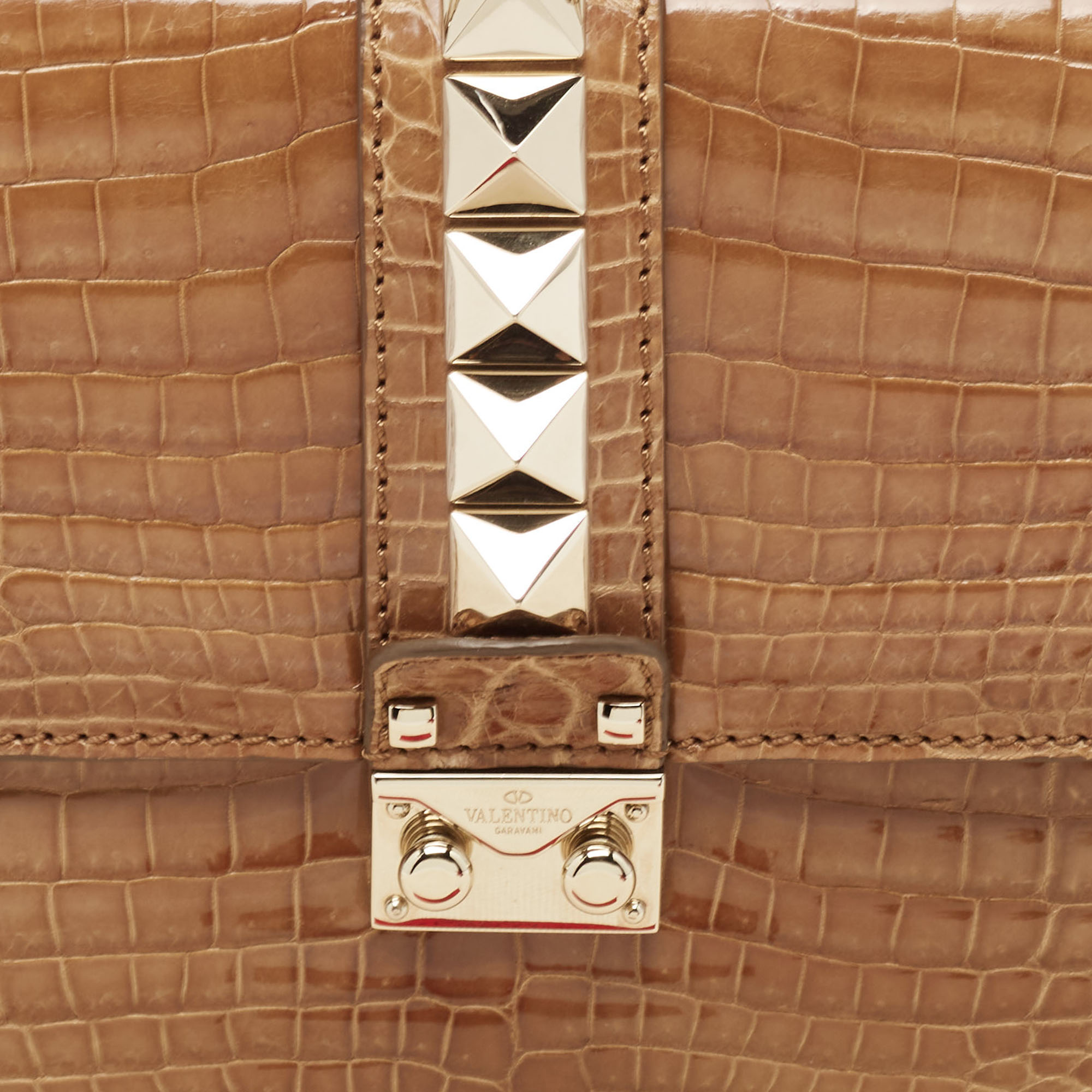 Valentino Brown Crocodile Medium Rockstud Glam Lock Shoulder Bag