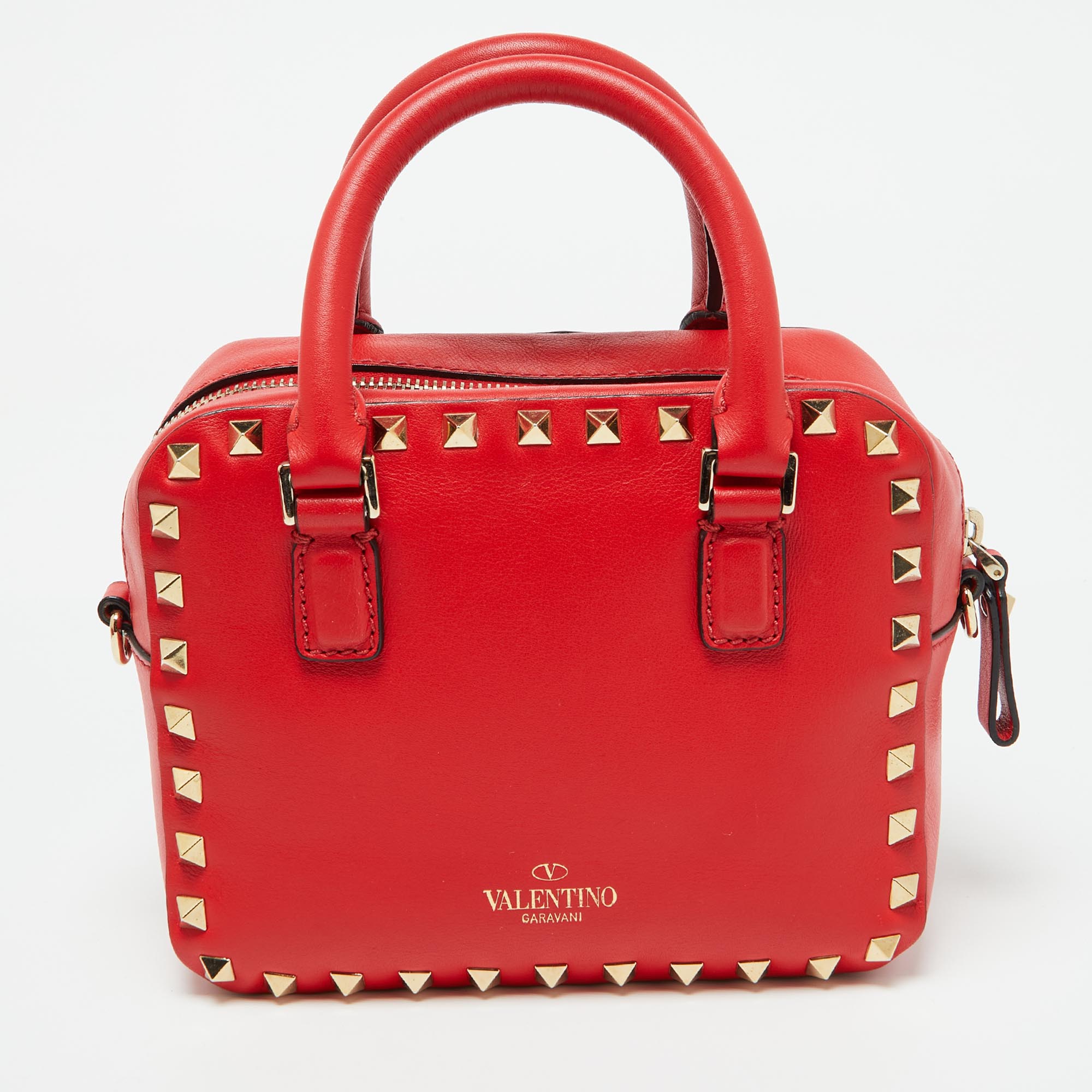 Valentino Red Leather Rockstud Camera Crossbody Bag