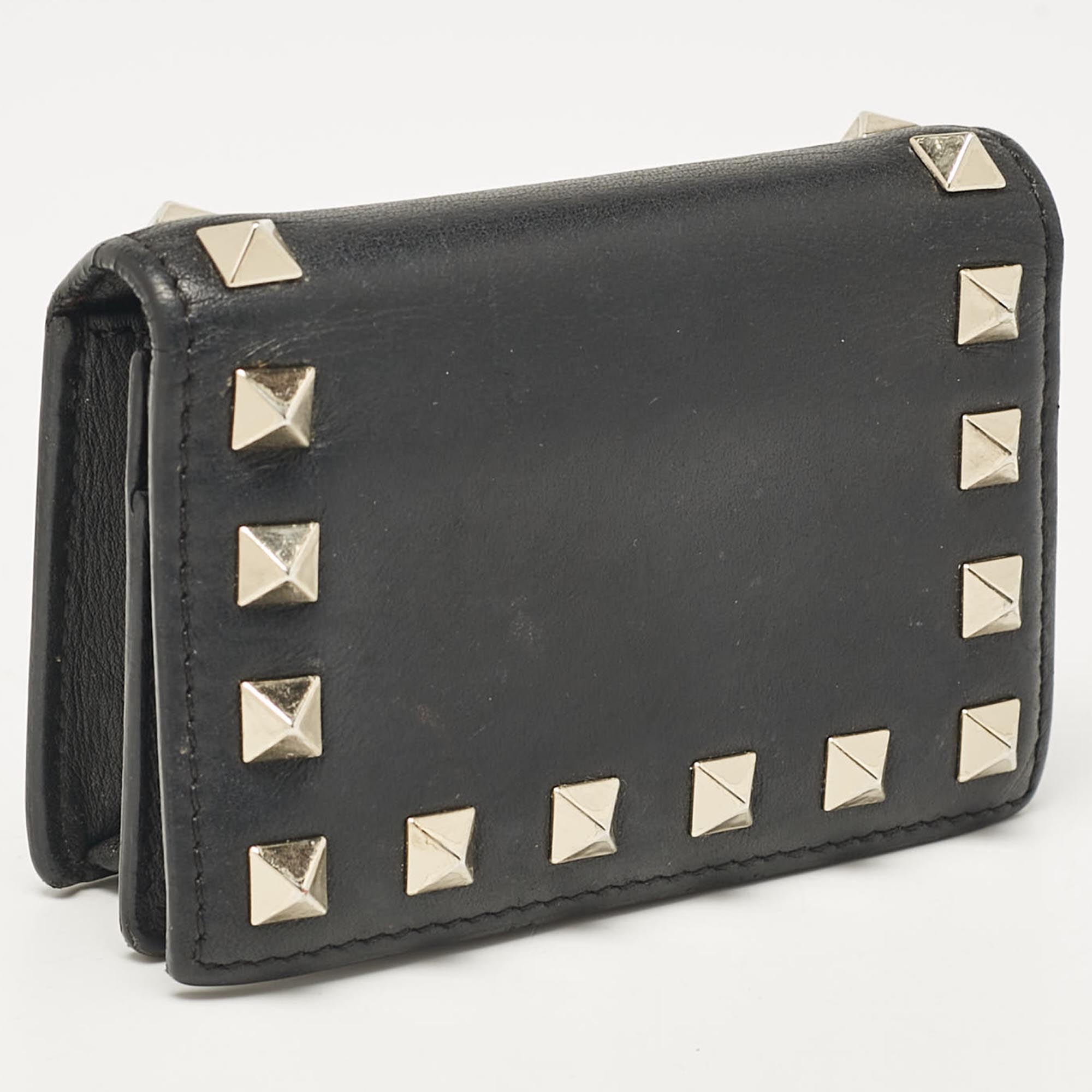 Valentino Black Leather Rockstud Card Case