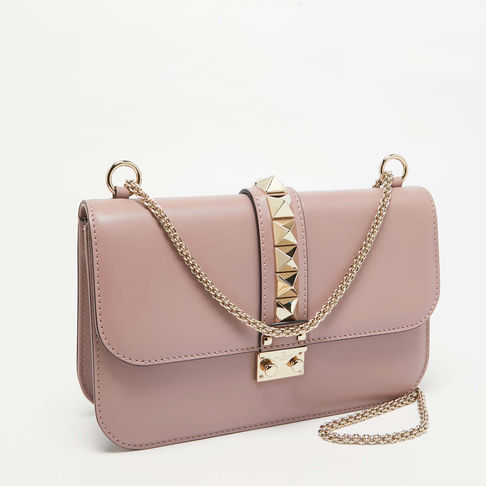 Valentino Dusty Pink Leather Medium Glam Lock Chain Shoulder Bag