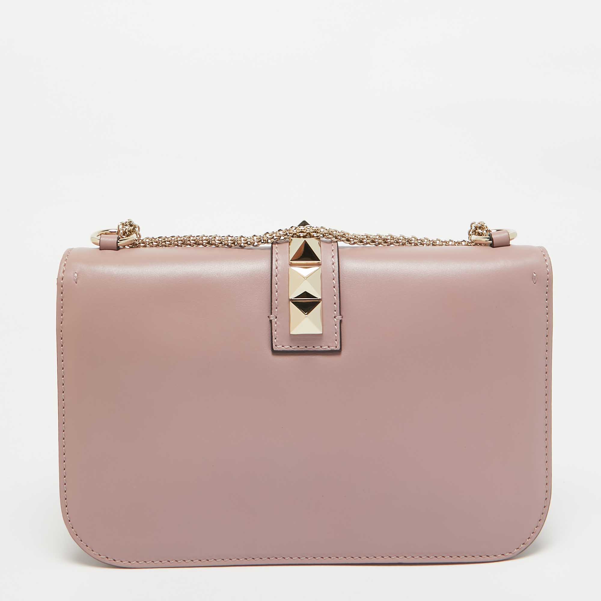 Valentino Dusty Pink Leather Medium Glam Lock Chain Shoulder Bag