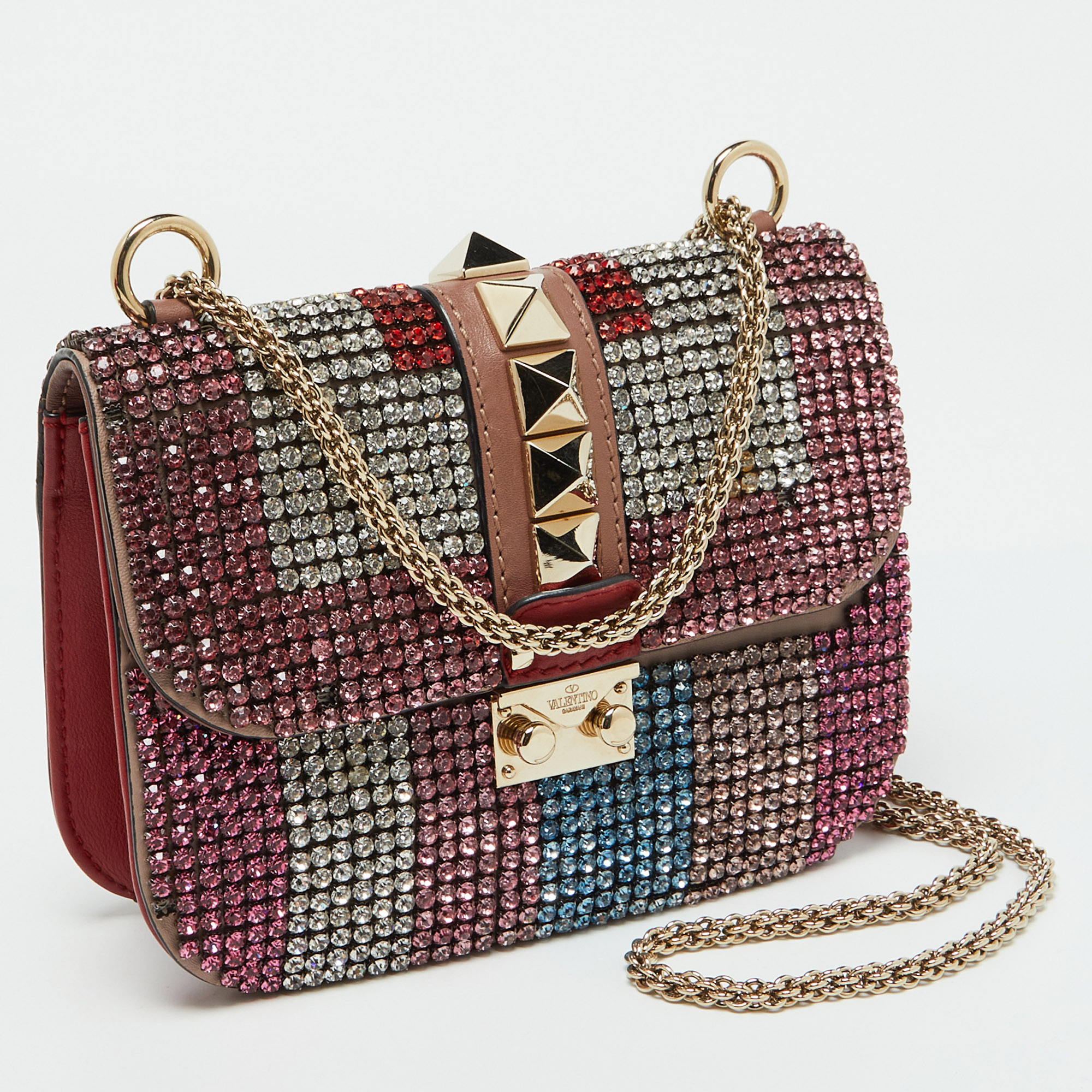 Valentino Multicolor Leather Crystal Embellished Small Glam Lock Shoulder Bag