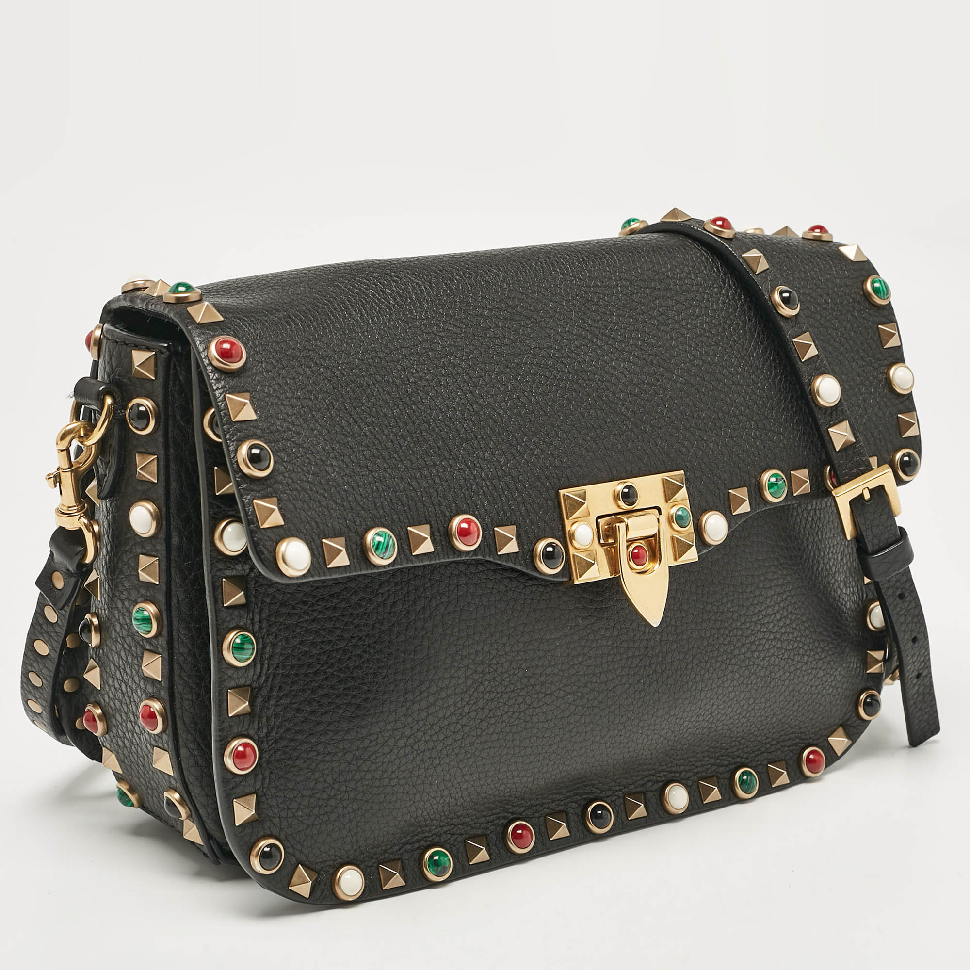 Valentino Black Leather Rolling Rockstud Shoulder Bag