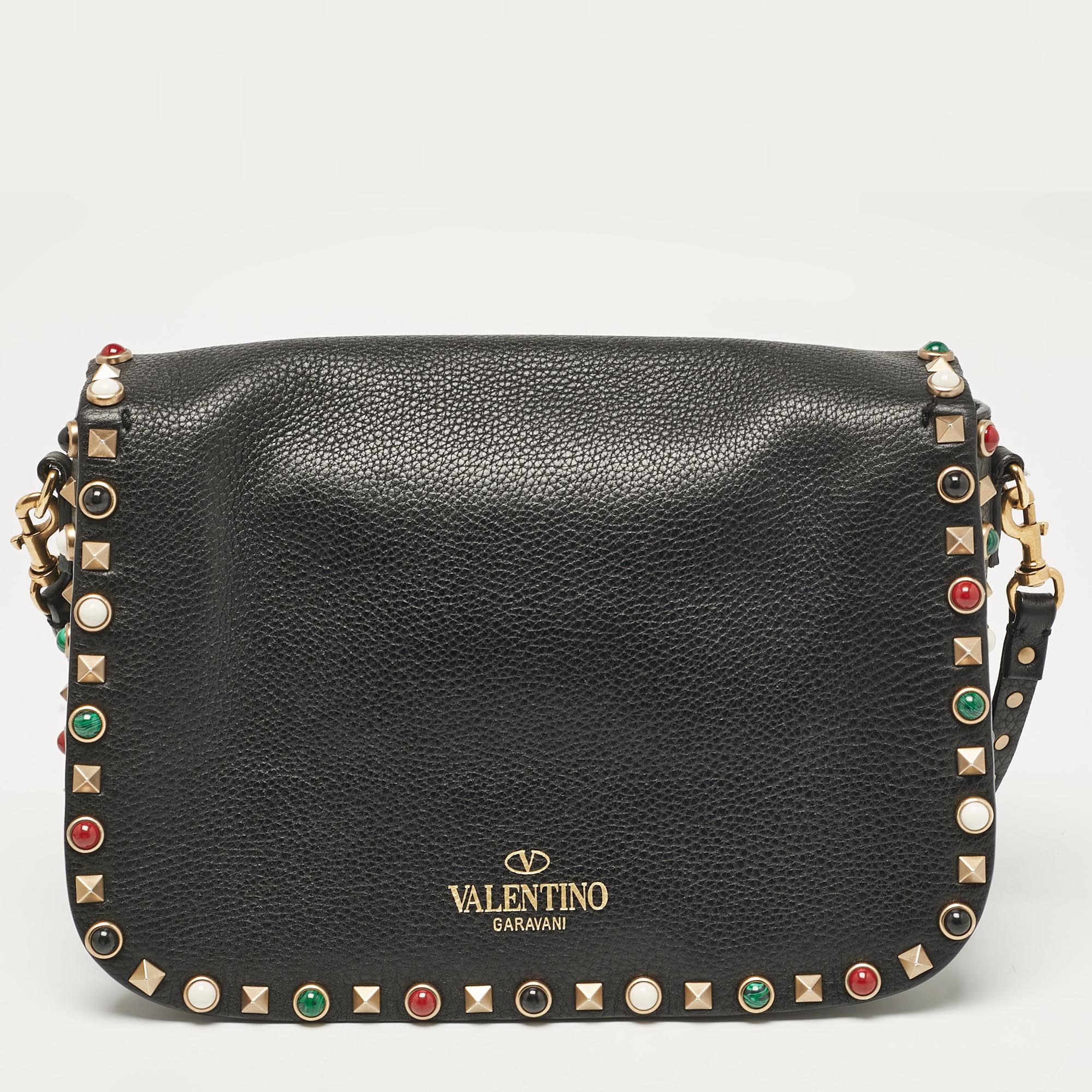 Valentino Black Leather Rolling Rockstud Shoulder Bag