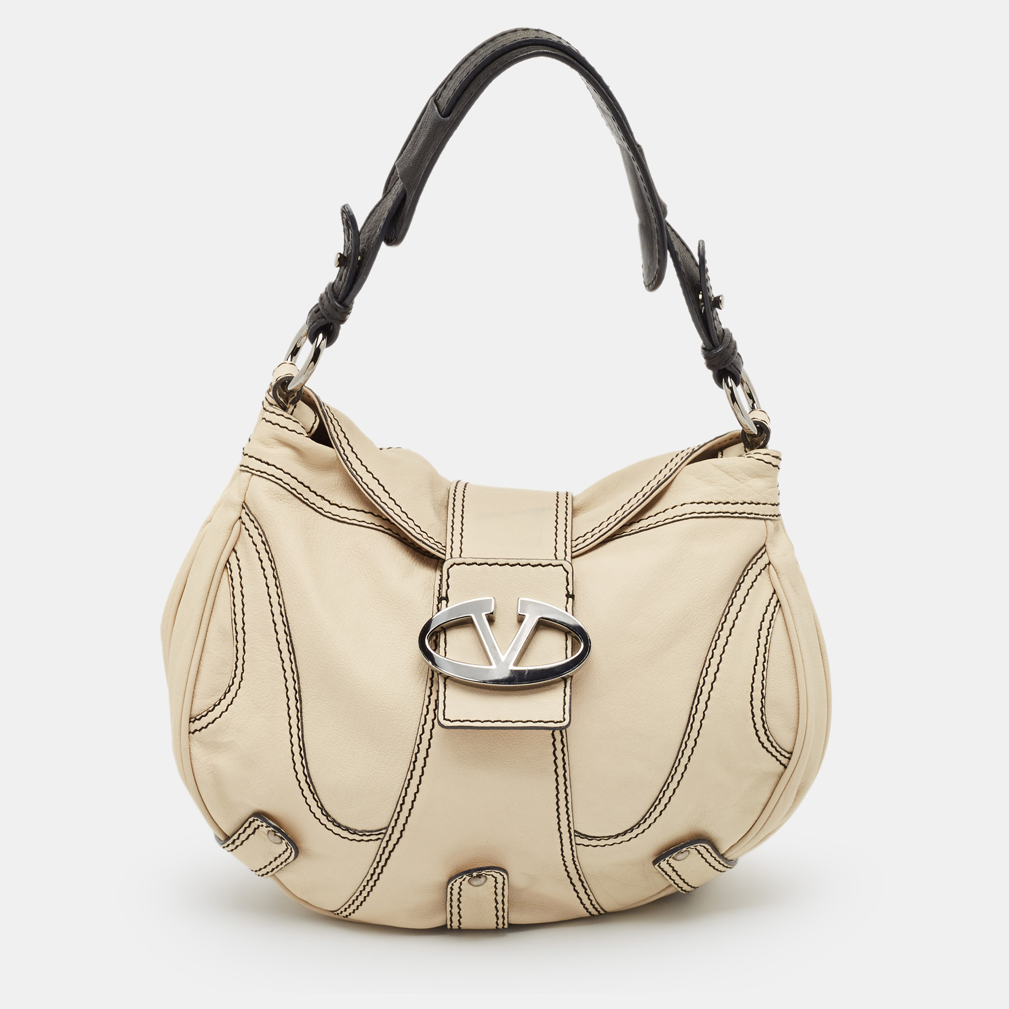 Valentino Cream/Black Leather Catch Hobo