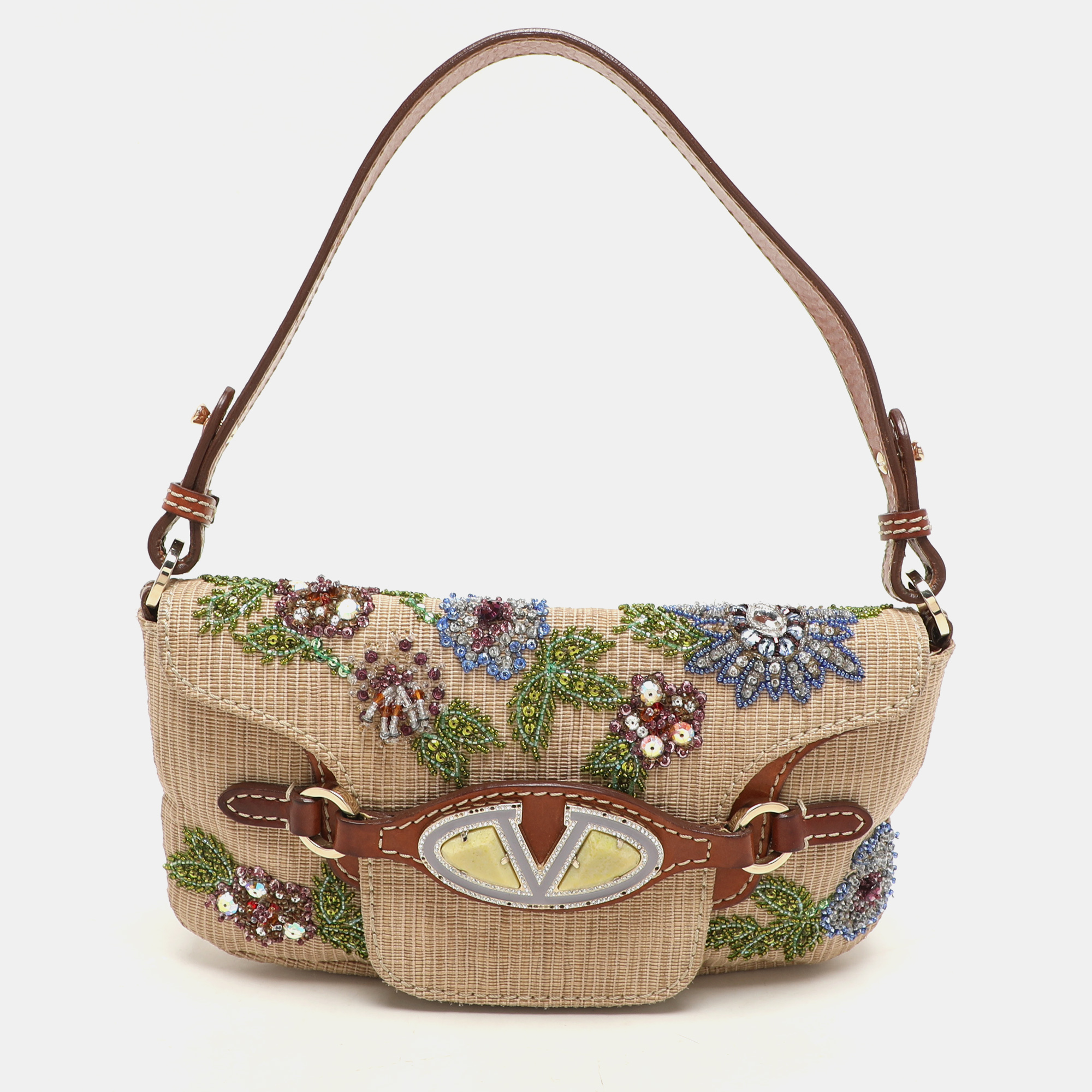 Valentino Beige/Brown Leather and Wicker Embellished V Logo Shoulder Bag
Valentino Beige/Brown Leather and Wicker Embellished V Logo Shoulder Bag
