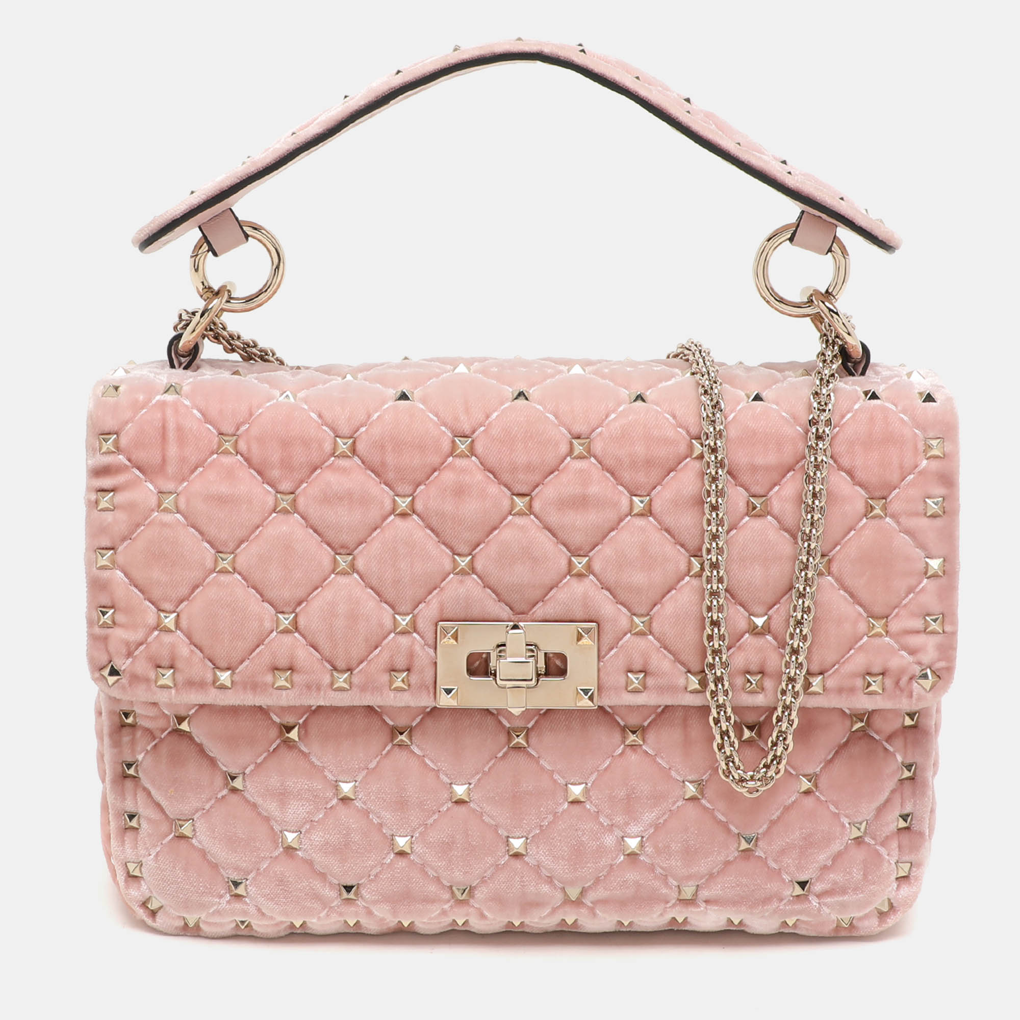 Valentino Peach Quilted Velvet Medium Rockstud Spike Chain Bag, Pink
Valentino Peach Quilted Velvet Medium Rockstud Spike Chain Bag, Pink