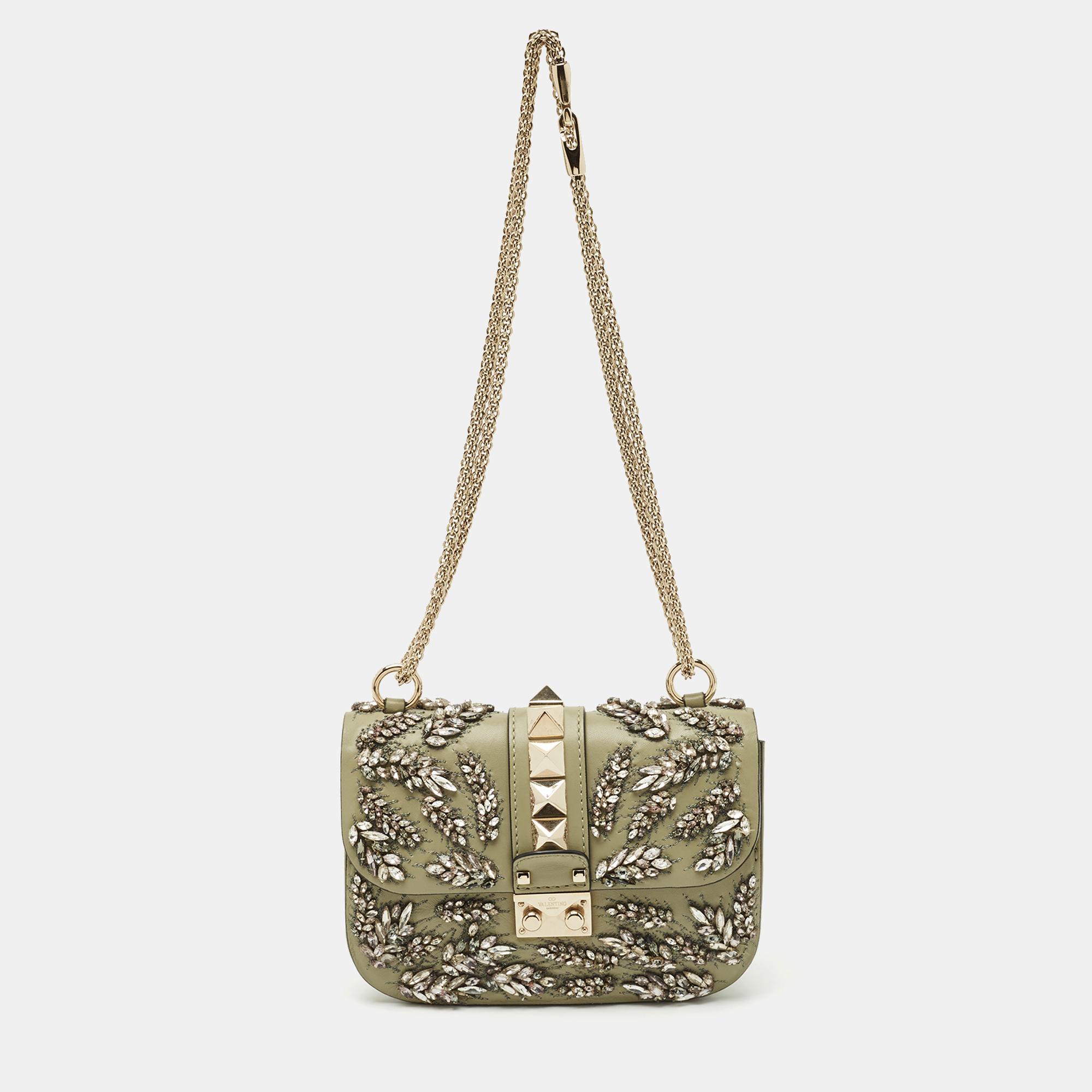 Valentino Olive Green Leather Small Rockstud Glam Lock Crystals Flap Bag
Valentino Olive Green Leather Small Rockstud Glam Lock Crystals Flap Bag