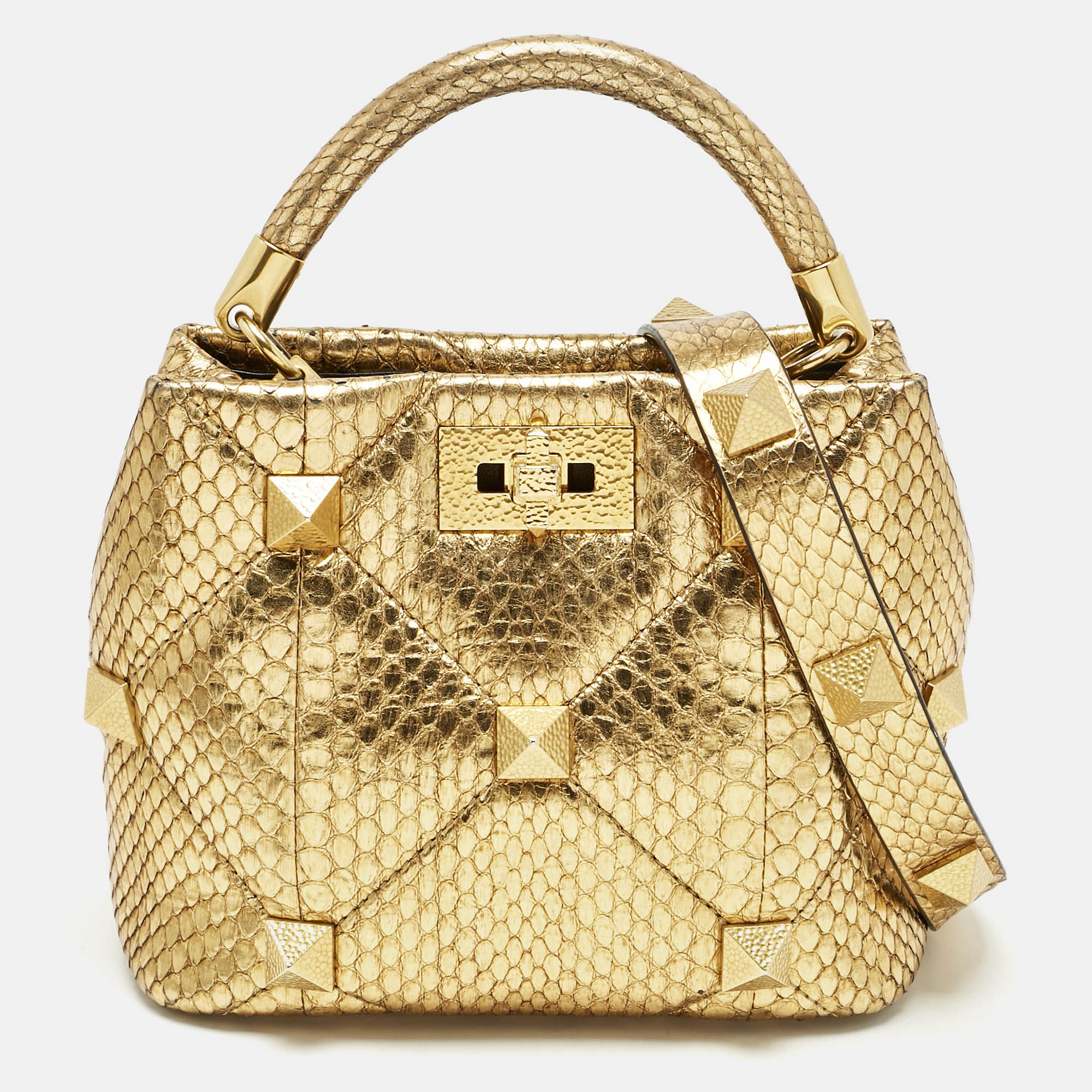 Valentino Gold Python Small Roman Stud Top Handle Bag - Valentino - Modalova