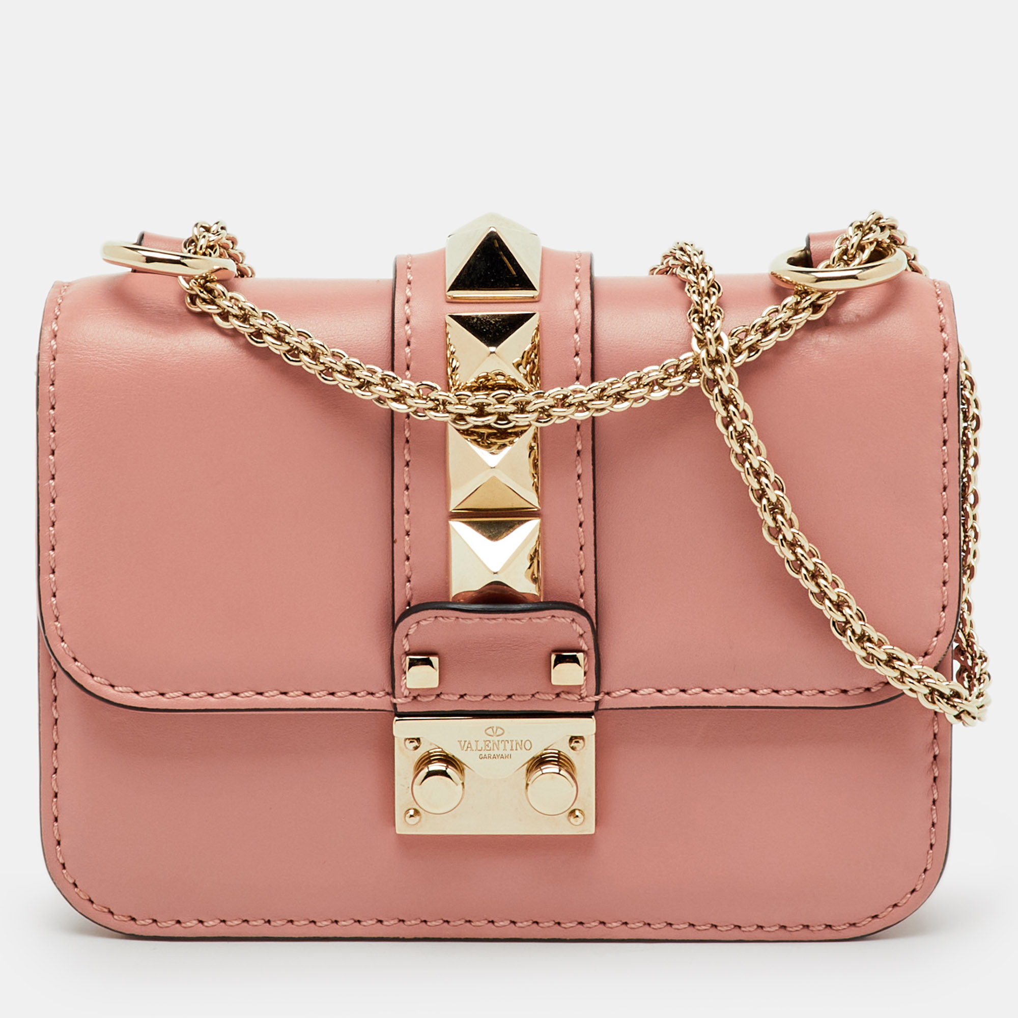 Valentino Peach Pink Leather Mini Rockstud Glam Lock Shoulder Bag 
Valentino Peach Pink Leather Mini Rockstud Glam Lock Shoulder Bag