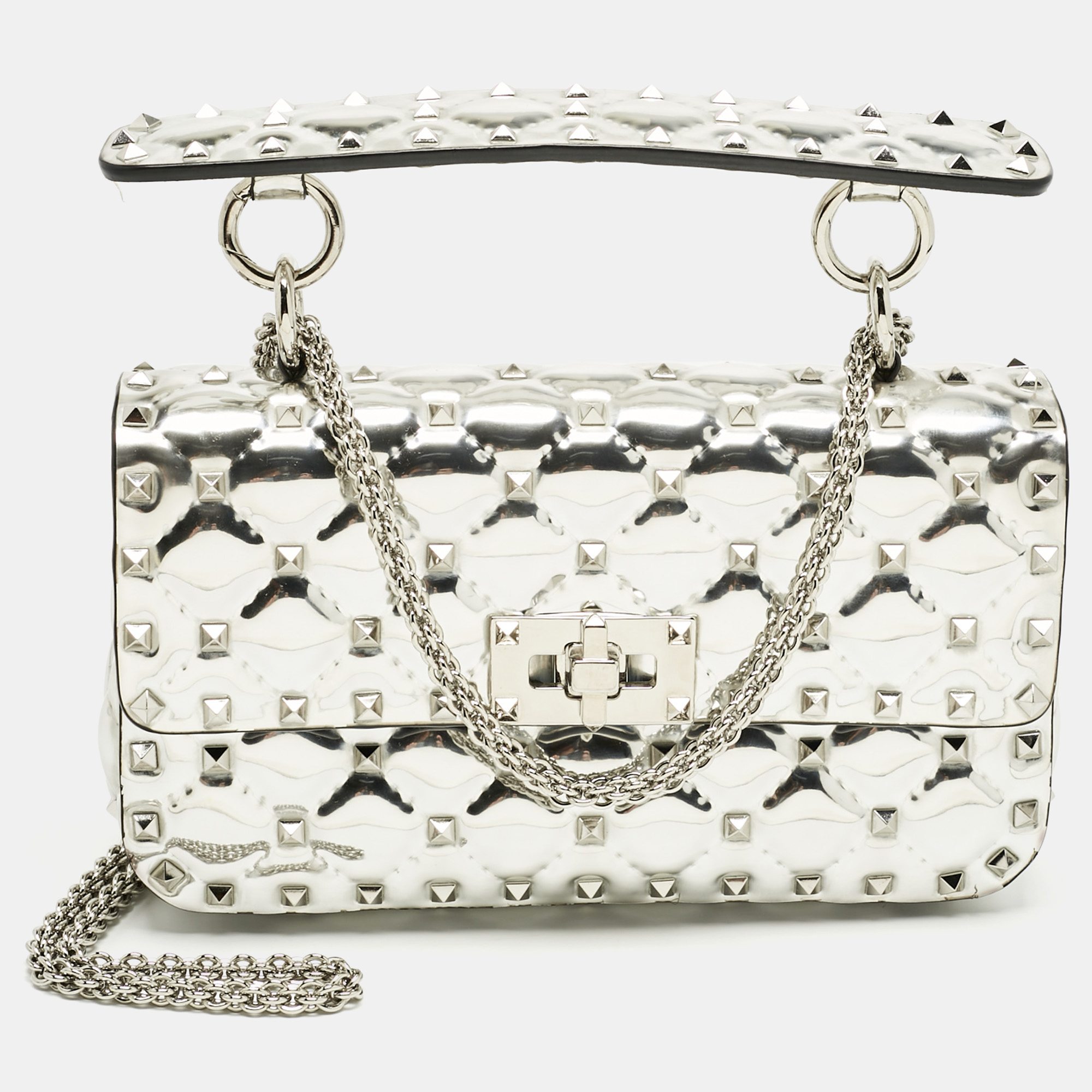 Valentino Silver Quilted Patent Leather Rockstud Spike Top Handle Bag
Valentino Silver Quilted Patent Leather Rockstud Spike Top Handle Bag