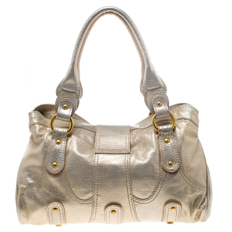 Valentino Gold Leather Crystal Catch Satchel