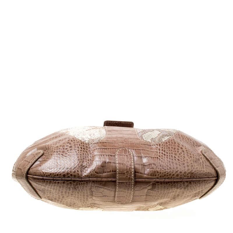 Valentino Beige Croc Embossed Leather And Python Print Canvas Hobo