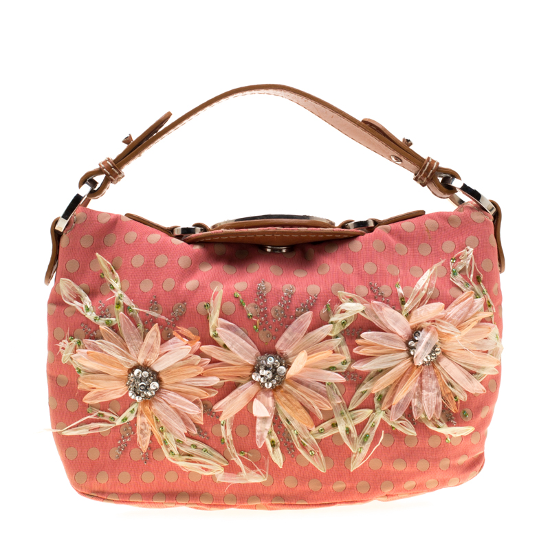 Valentino coral/brown polka dots canvas and leather flower embellished tote