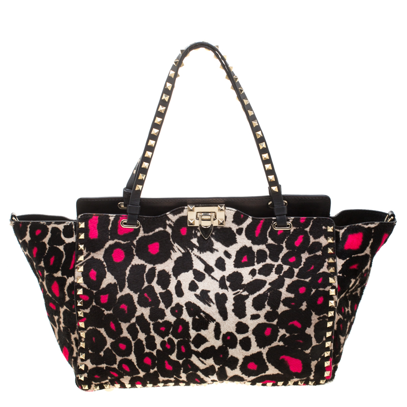 Valentino Black/Pink Leopard Print Calfhair Rockstud Tote