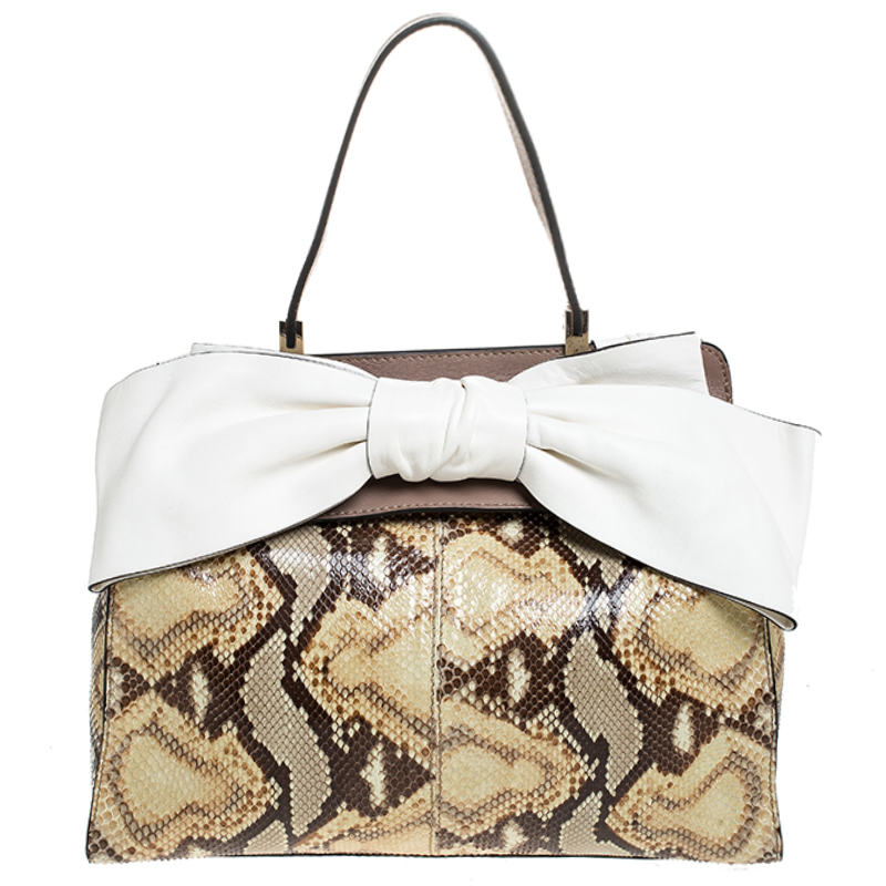 Valentino black/beige python print raffia and patent leather aphrodite bow bag