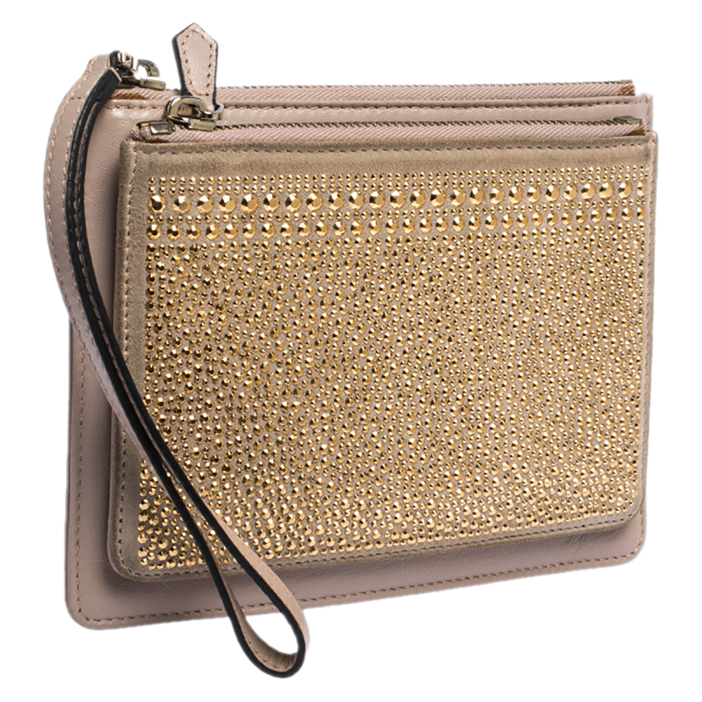 Valentino Nude Beige/Gold Leather And Suede Studded Wristlet Pouch