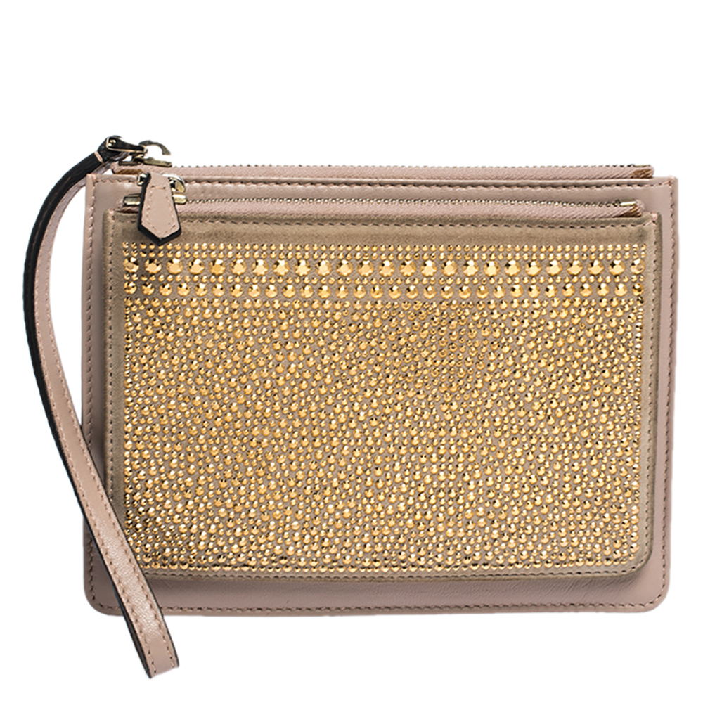 Valentino Nude Beige/Gold Leather And Suede Studded Wristlet Pouch