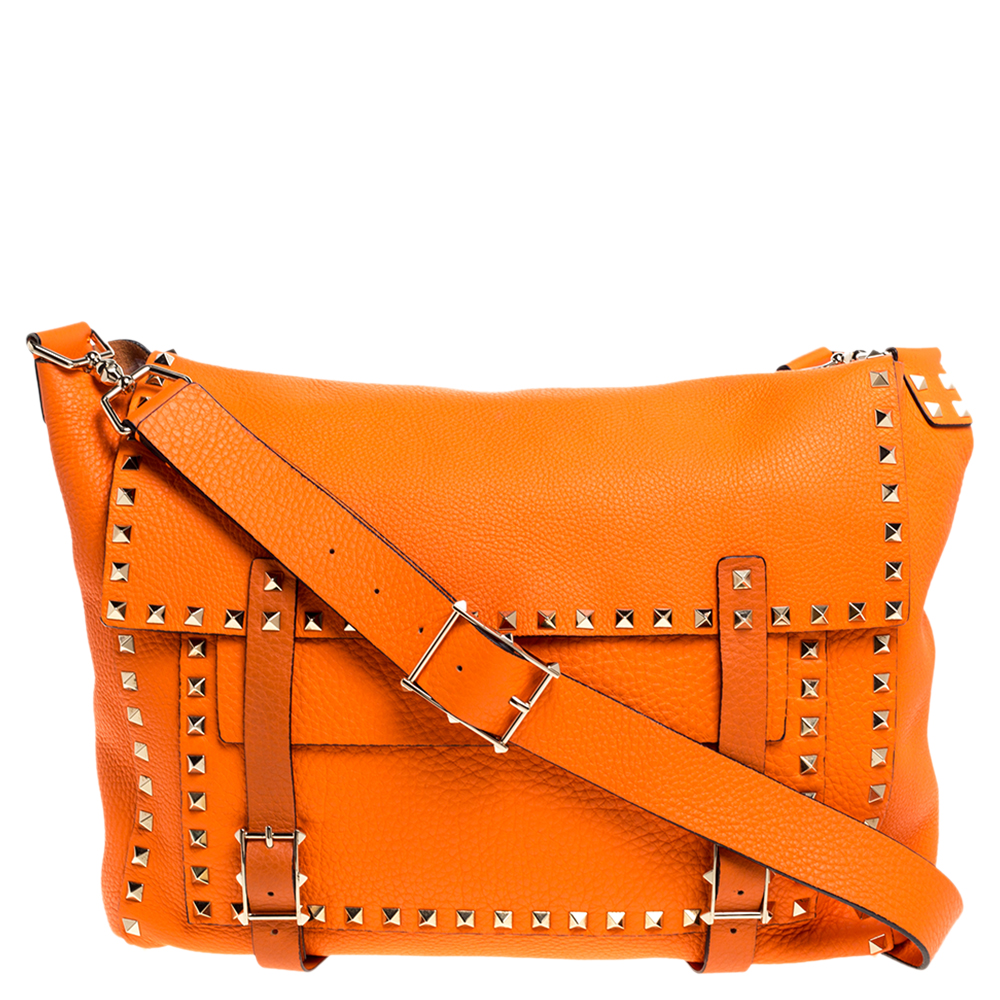Image of Valentino Neon Orange Leather Rockstud Messenger Bag