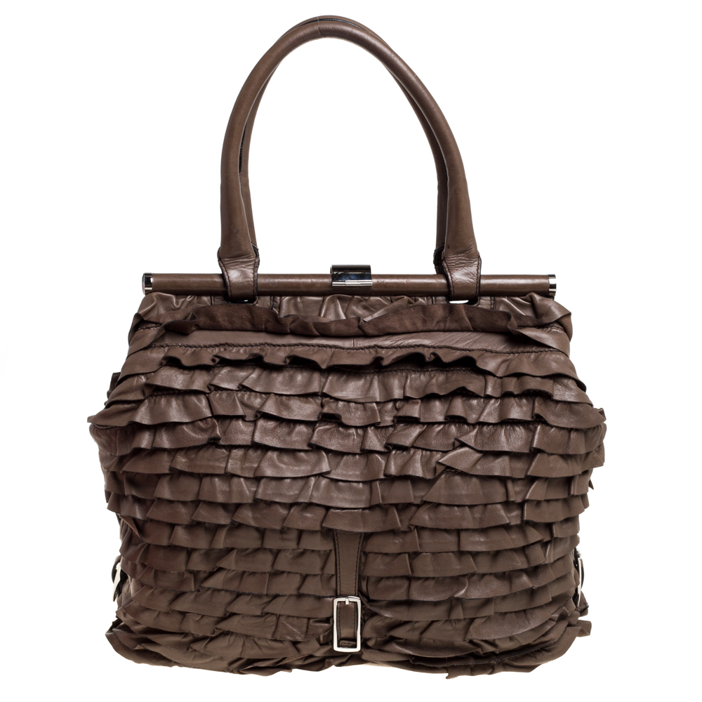 Valentino Taupe Leather Allure Ruffled Frame Bag