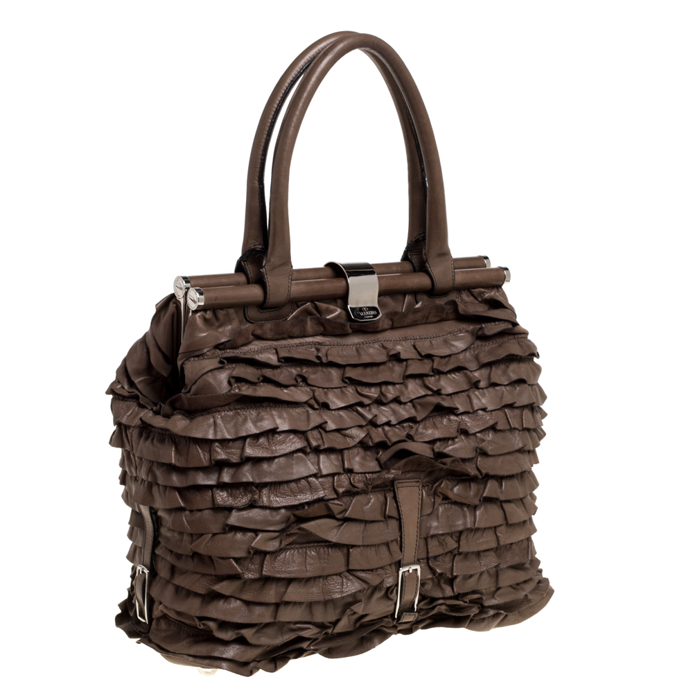 Valentino Taupe Leather Allure Ruffled Frame Bag