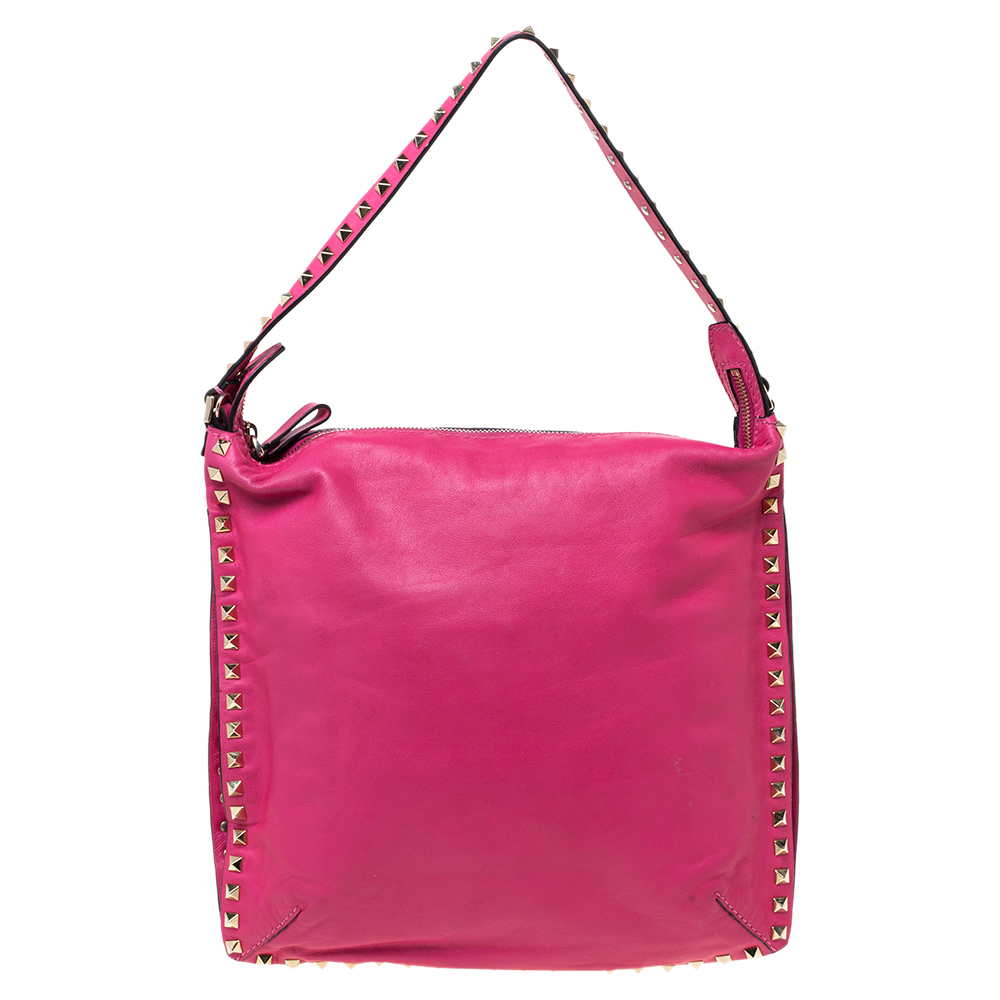 Image of Valentino Fuchsia Leather Rockstud Messenger Bag