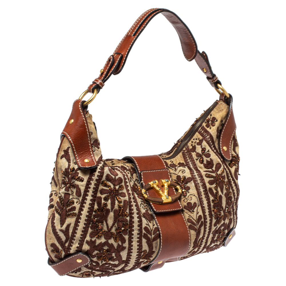 Valentino Beige/Brown Canvas And Leather Embroidered Hobo