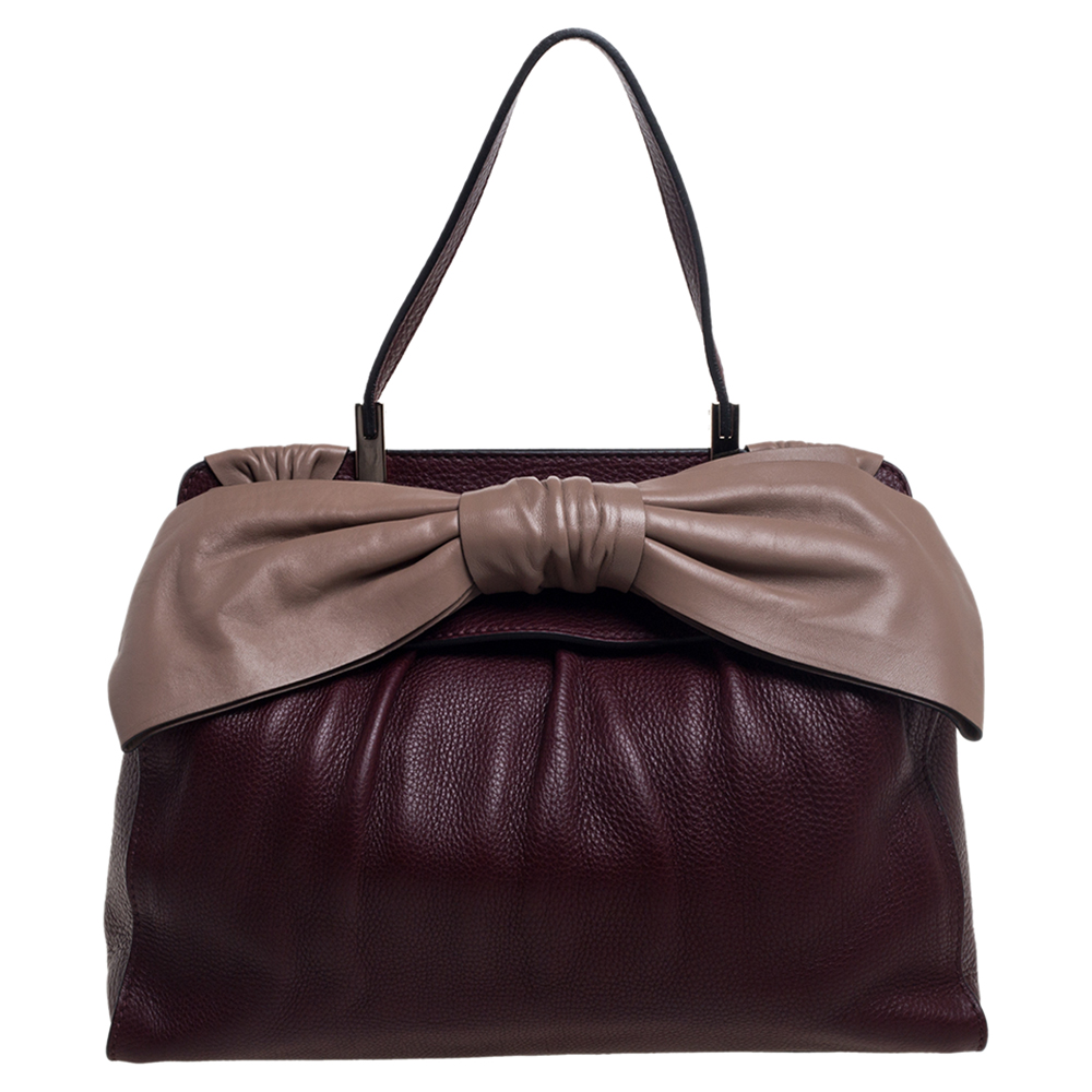 Valentino Burgundy/Beige Leather Aphrodite Bow Top Handle Bag