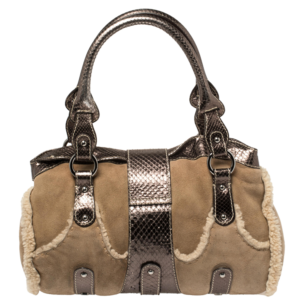 Valentino Beige/Metallic Shearling And Snakeskin VRing Flap Satchel