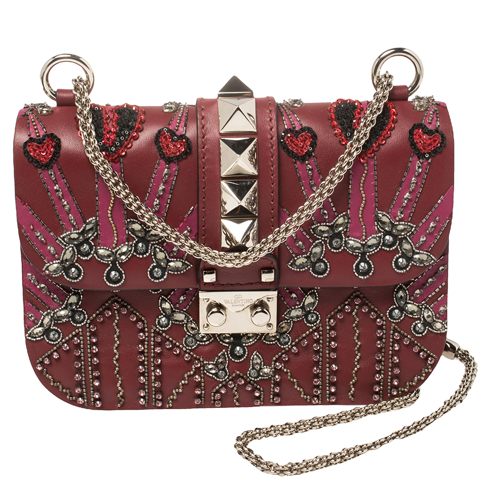 Valentino Burgundy Beads Embellished Leather Small Love Blade Rockstud Glam Lock Shoulder Bag
