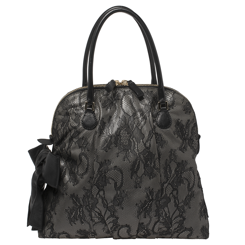 Valentino Black Lace and Leather Bow Dome Satchel