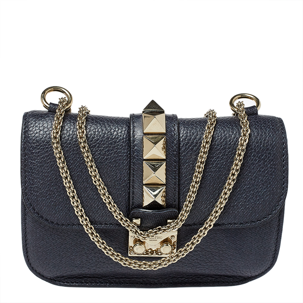 Valentino Navy Blue Leather Small Rockstud Glam Lock Flap Bag
