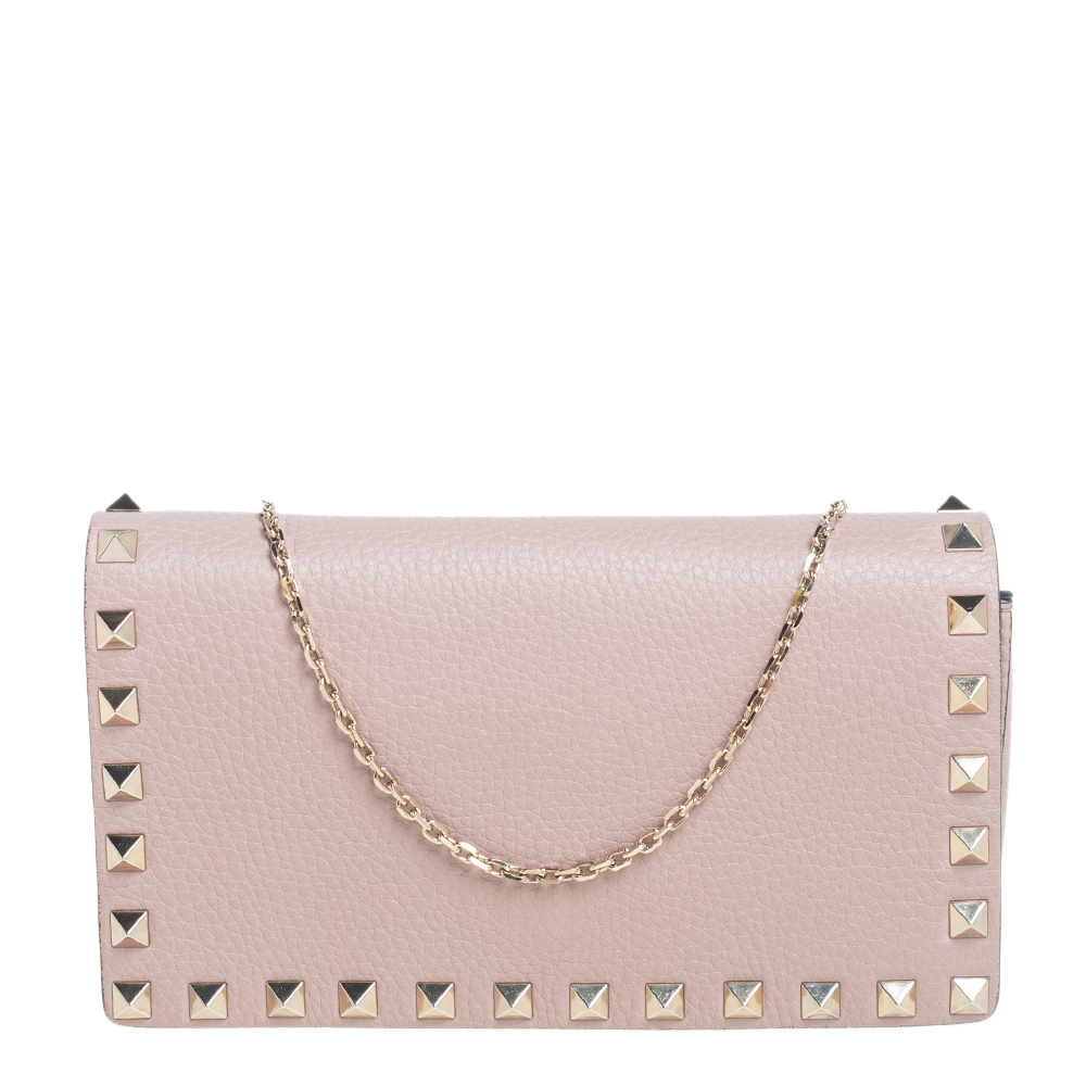 Valentino Pink Leather Rockstud Flap Chain Clutch