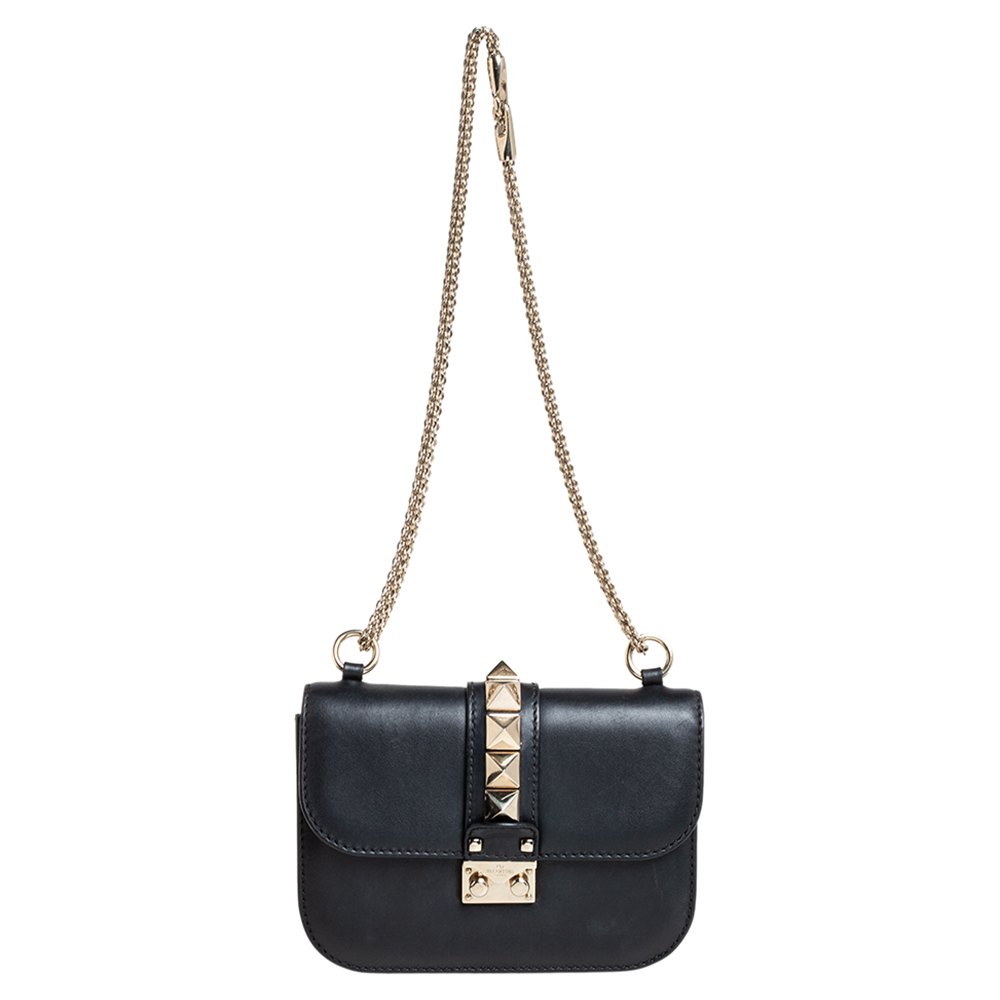 Valentino Black Leather Small Glam Lock Chain Shoulder Bag