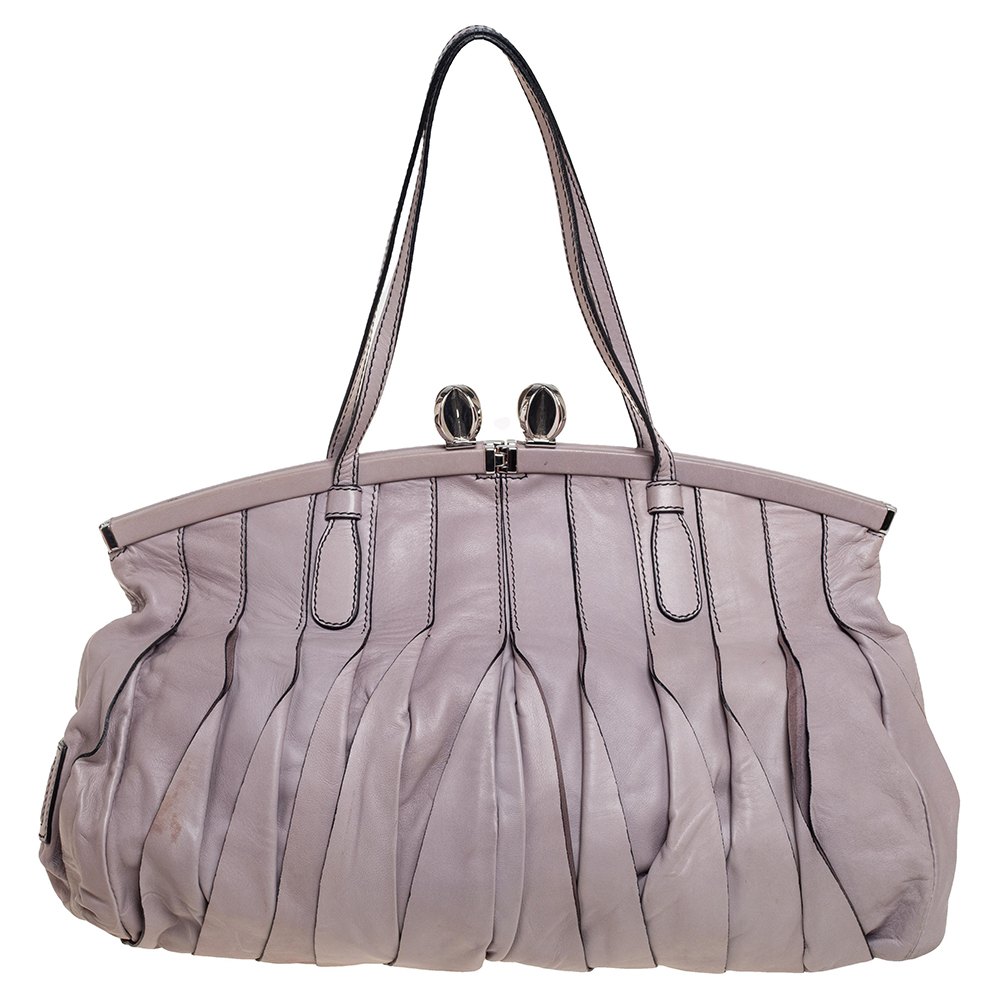 Valentino Grey Leather Vertical Pleated Tote