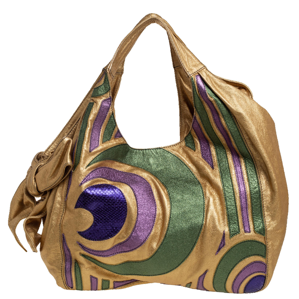Valentino Metallic Multicolor Spiral Patch Leather and Snakeskin Embossed Nuage Bow Tote