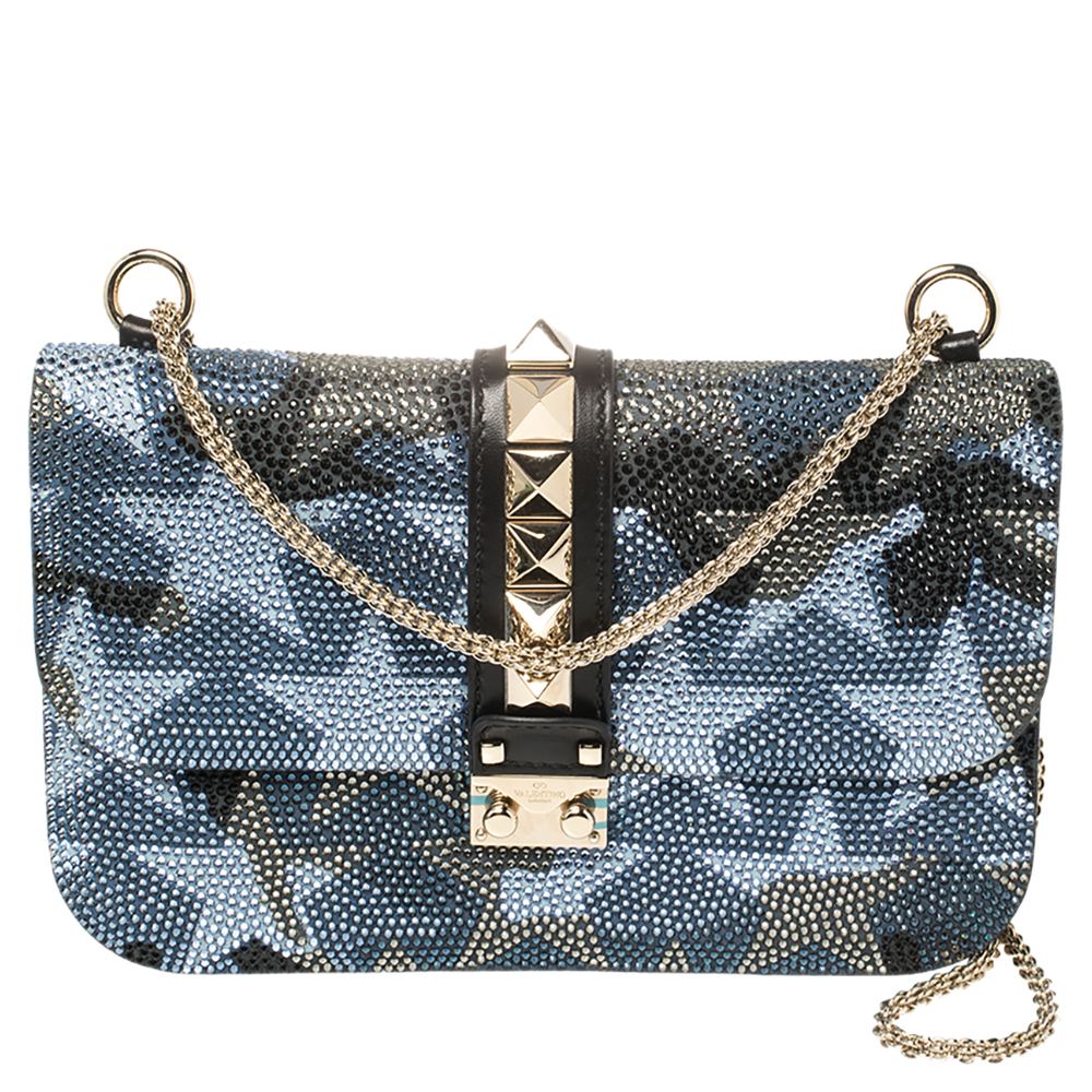 Valentino Multicolor Crystal Embellished Leather Medium Camustars Glam Lock Flap Bag