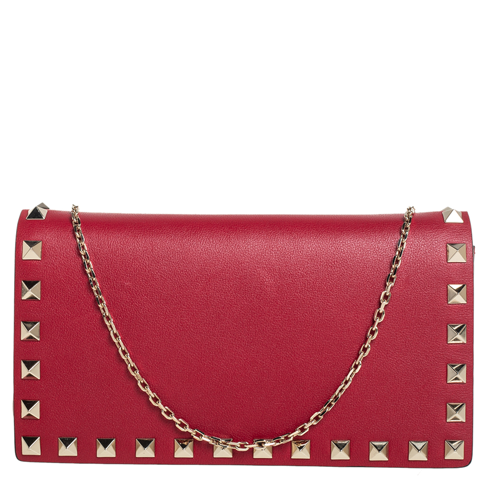 Valentino Red Leather Rockstud Wallet on Chain