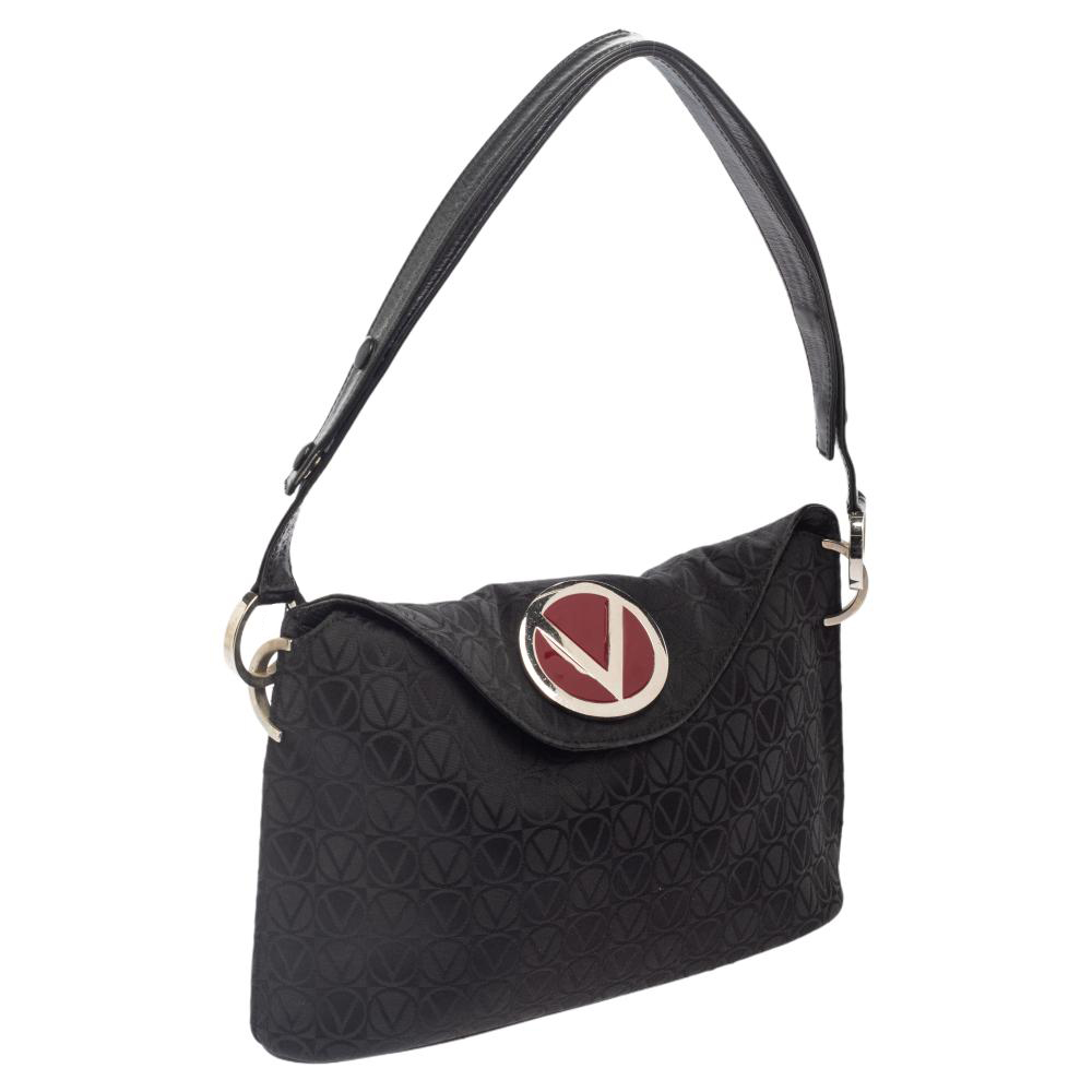 Valentino Black Monogram Canvas And Leather Round VRing Logo Baguette Bag