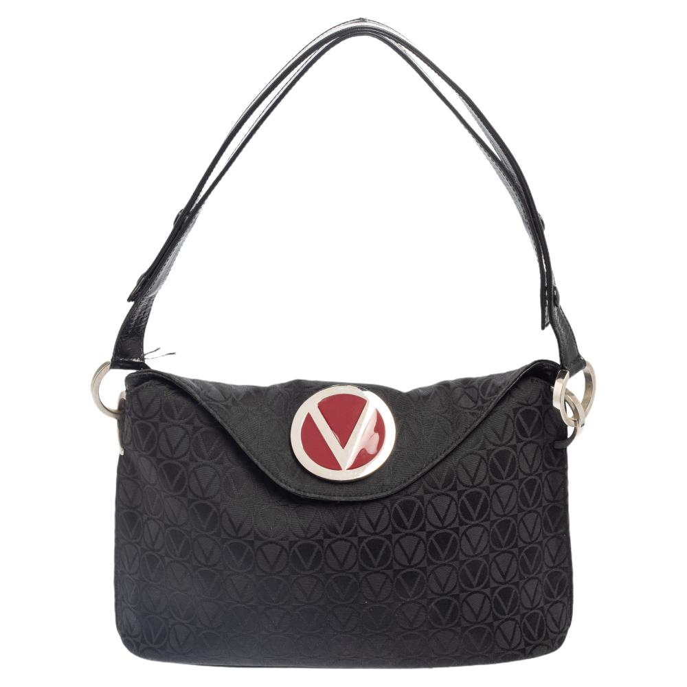 Valentino Black Monogram Canvas and Leather Round VRing Logo Baguette Bag