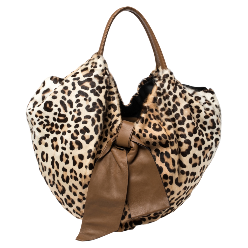 Valentino Beige/Brown Leopard Print Calf Hair and Leather 360 Bow Hobo