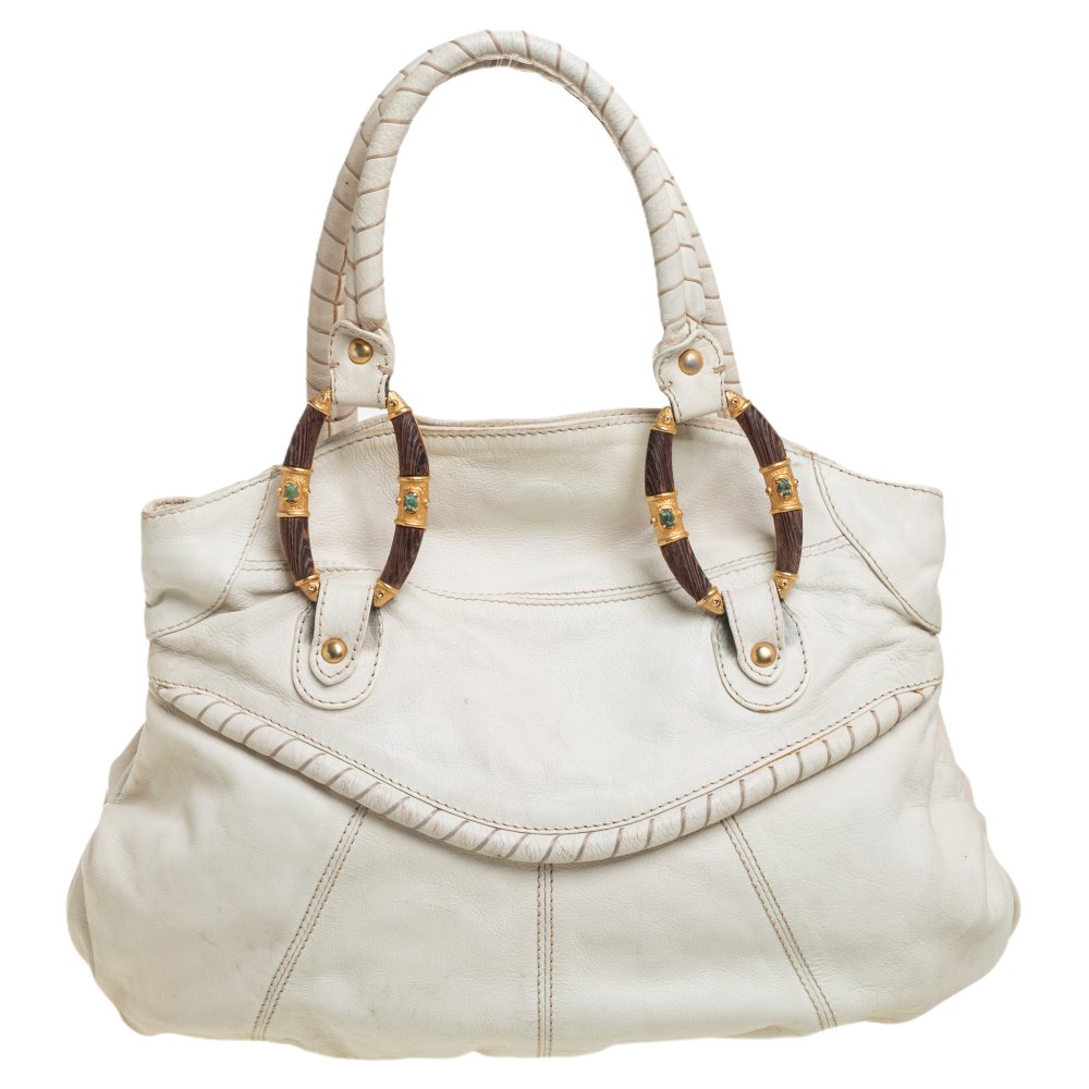 Valentino White Leather Braided Handle Shoulder Bag