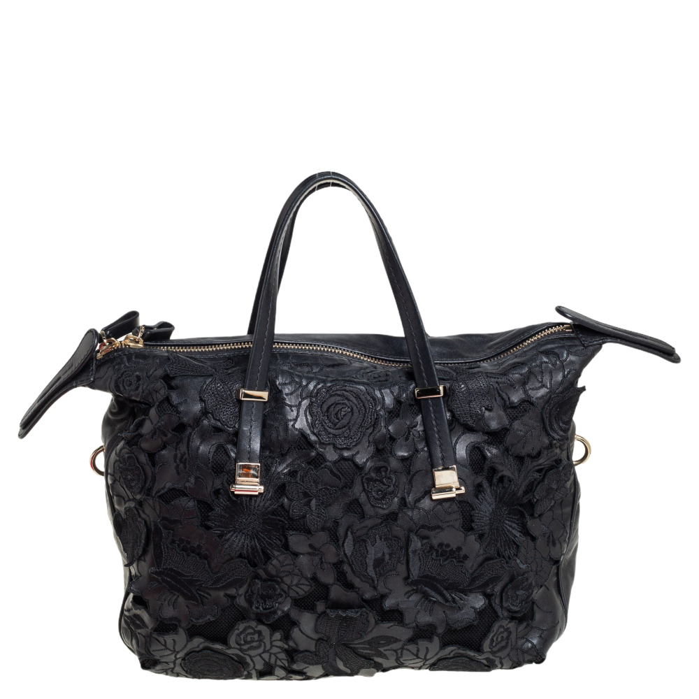 Valentino Black Leather And Lace Floral Satchel