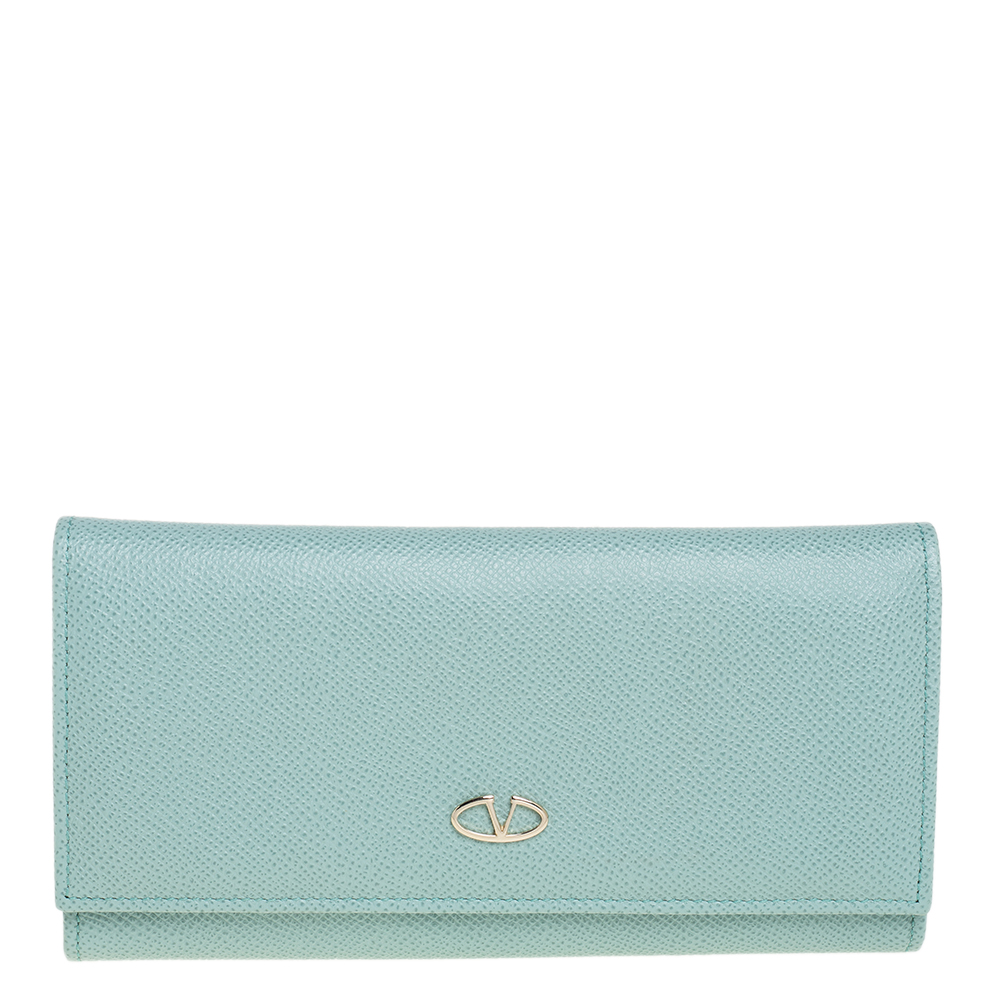 Valentino Light Green Leather V Ring Flap Continental Wallet