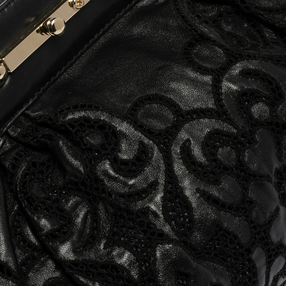 Valentino Black Leather Floral Embroidered Frame Satchel