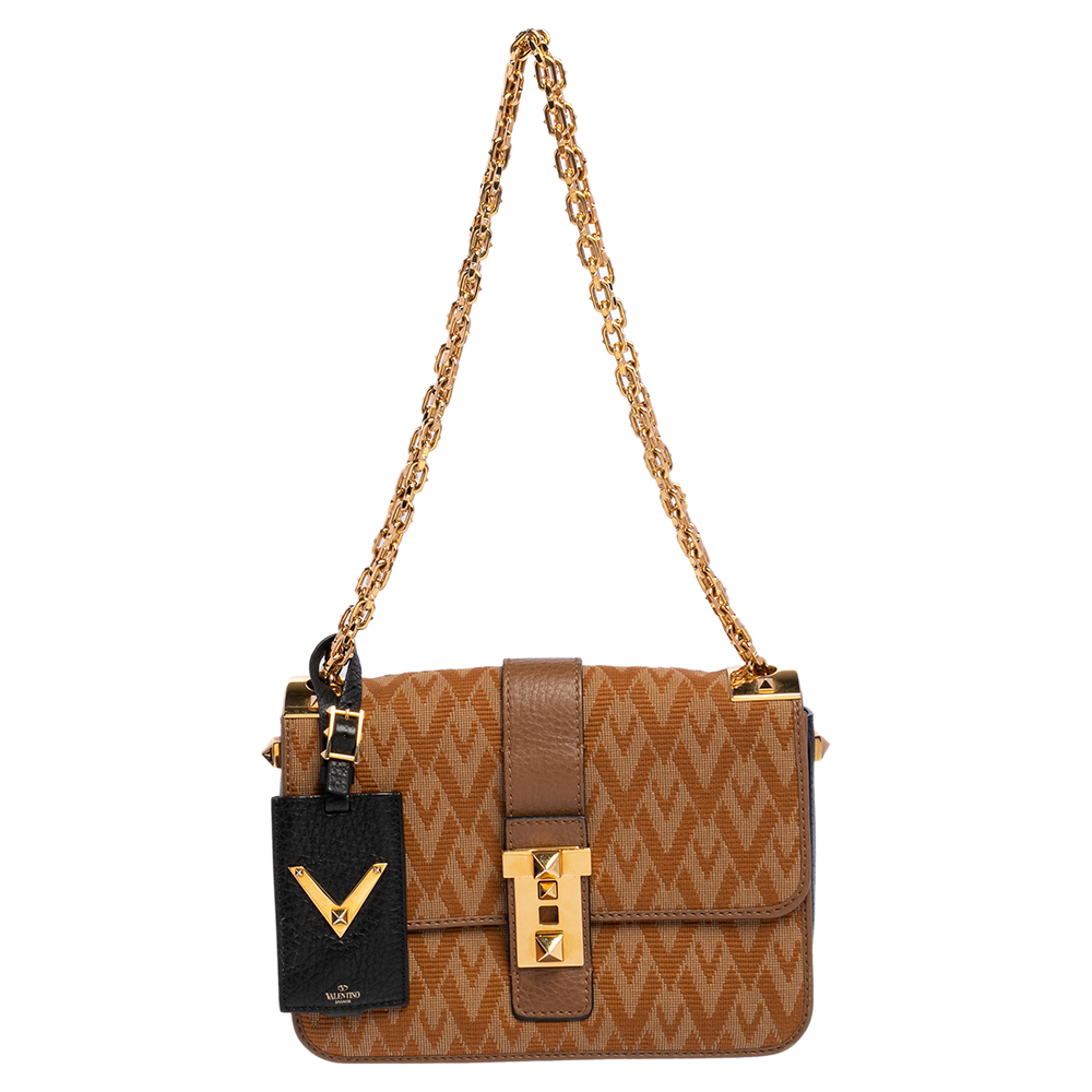 Valentino Beige/Brown Logo Canvas And Leather Rockstud Flap Shoulder Bag