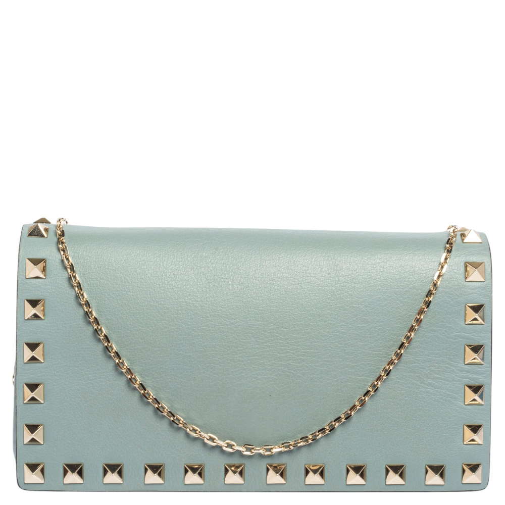 Valentino Pale Green Leather Rockstud Chain Clutch