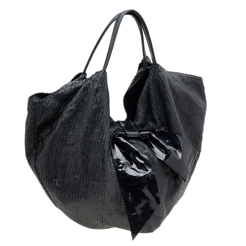 Valentino Black Laser Cut Leather Bow Hobo