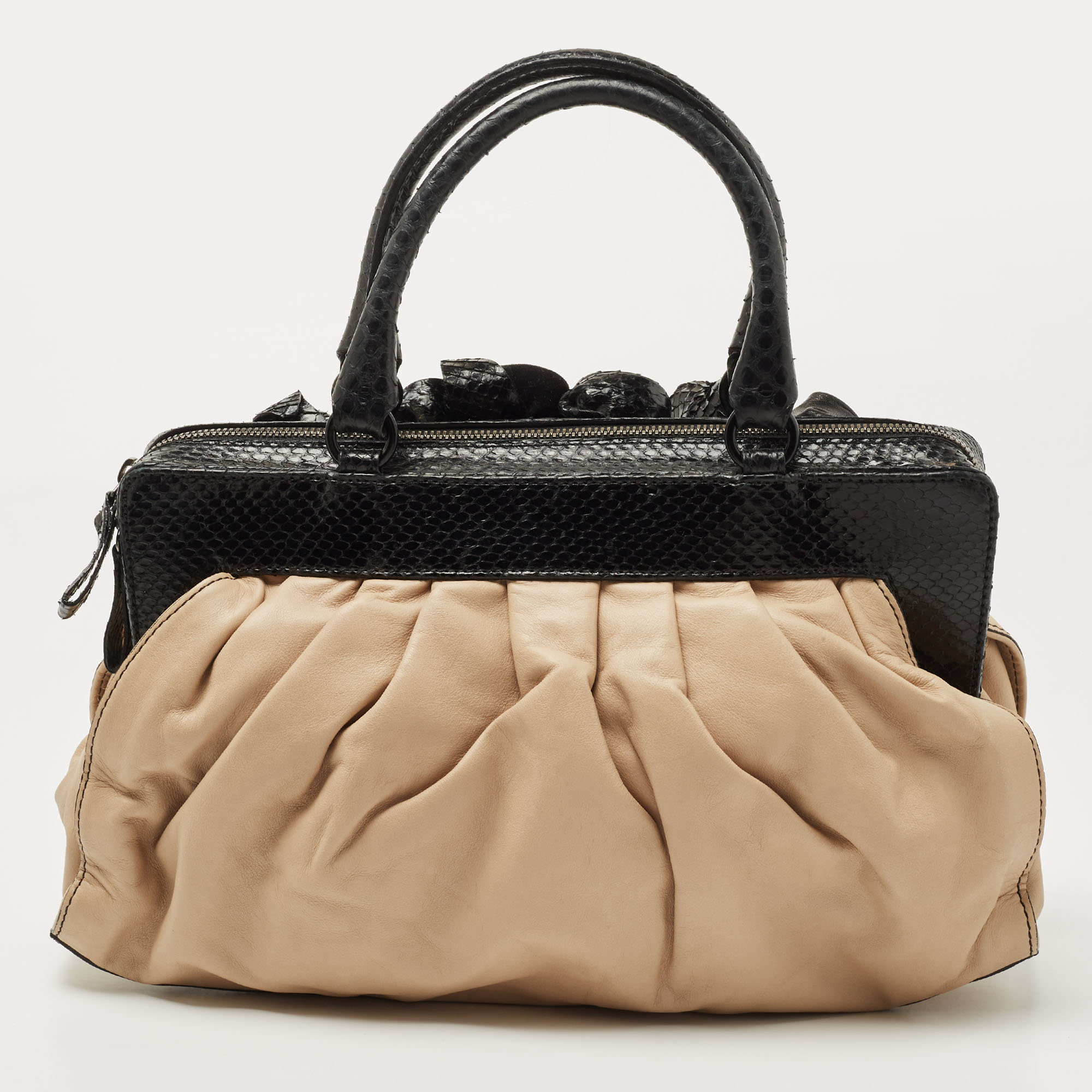 Valentino Beige/Black Leather And Watersnake Lacca Fleur Frame Satchel