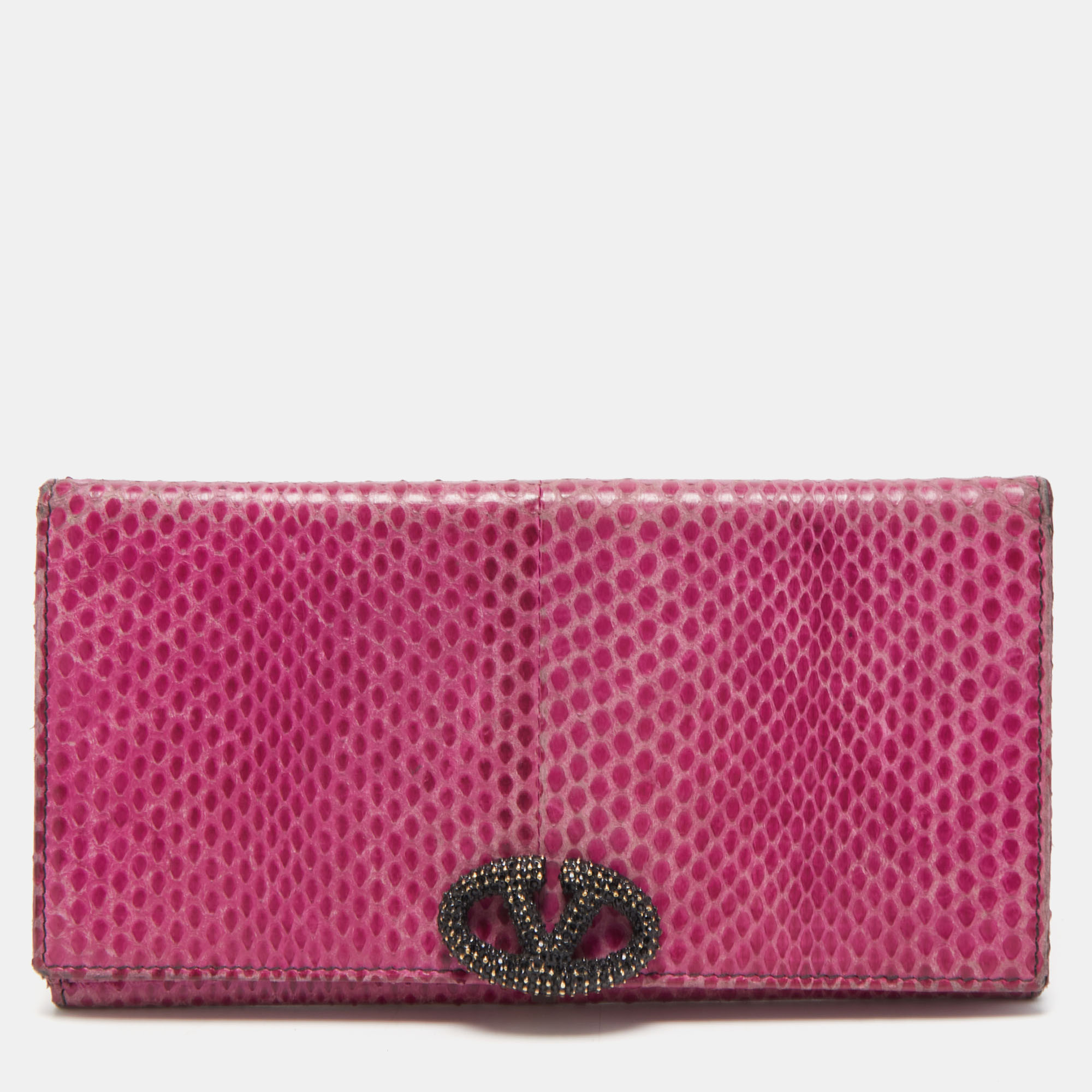 Valentino Fuchsia Snake Leather Crystal Catch Flap Wallet